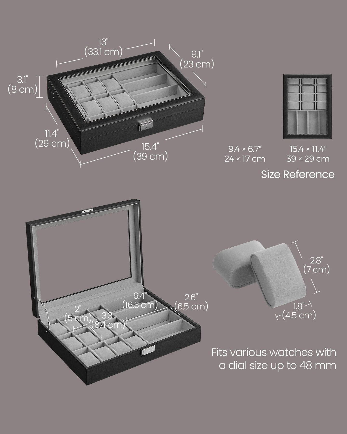 Watch Box - Synthetic Leather - Ink Black - Lockable with Glass Lid and 24 Slots