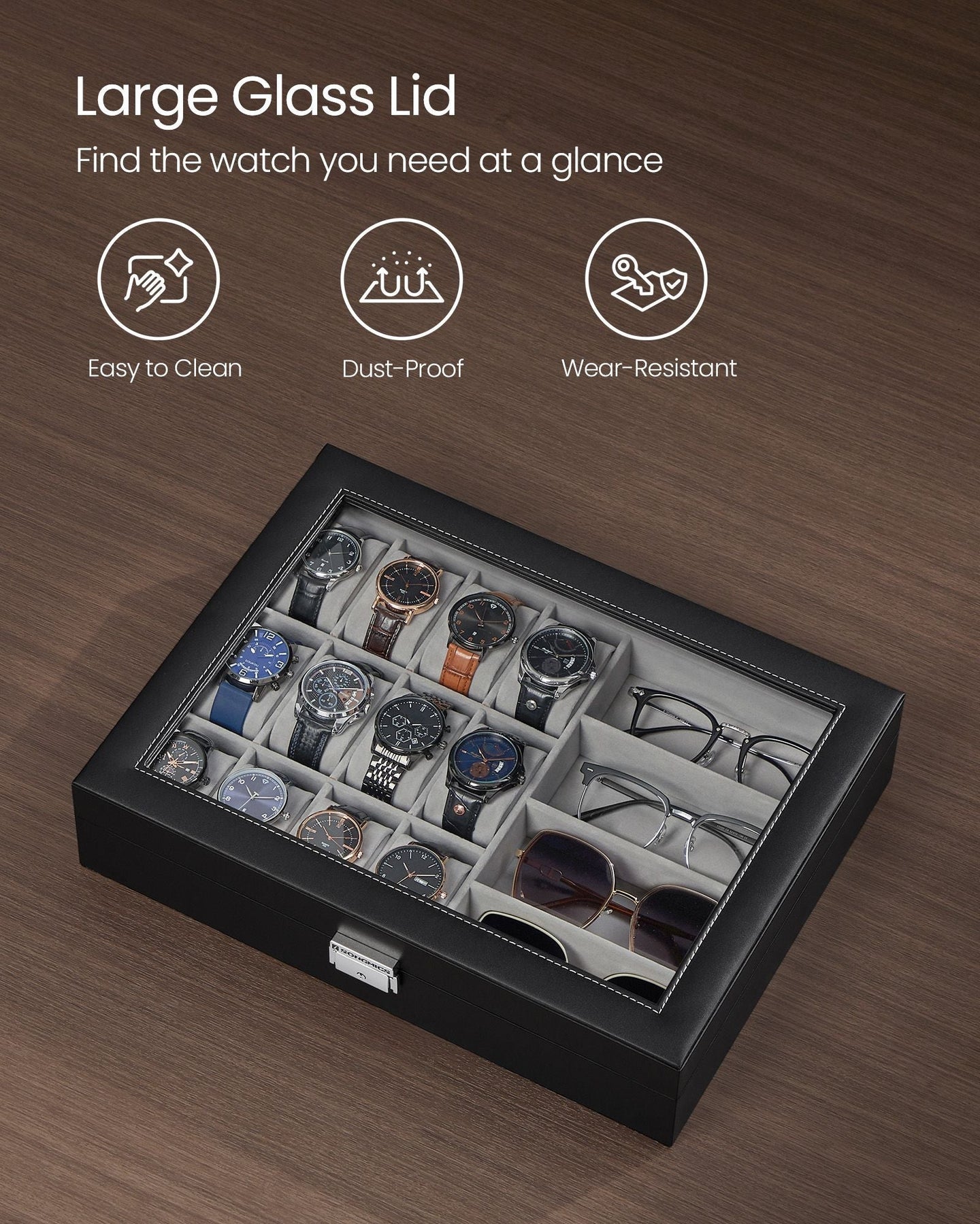 Watch Box - Synthetic Leather - Ink Black - Lockable with Glass Lid and 24 Slots