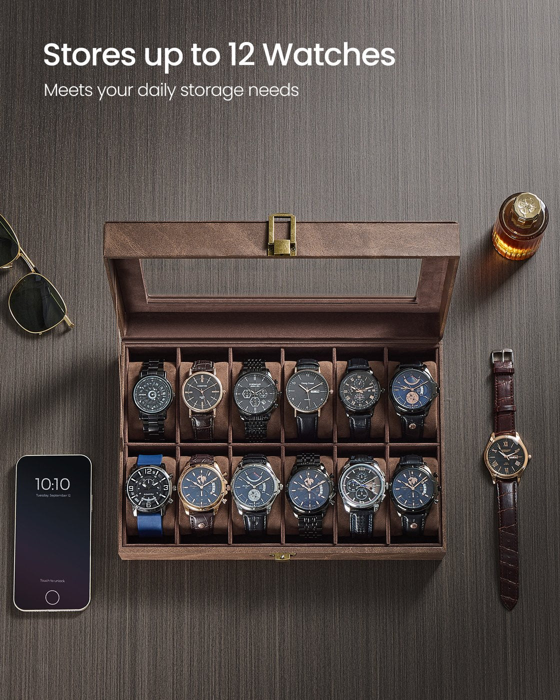 Watch Box - Synthetic Leather - Coffee Brown - 12 Slots with Removable Pillows and Glass Lid