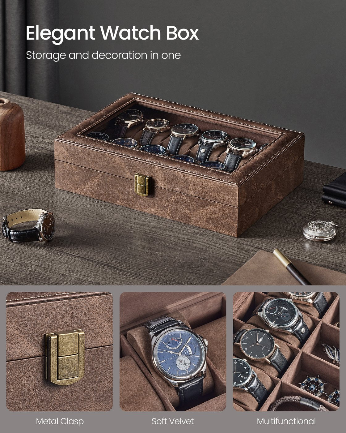 Watch Box - Synthetic Leather - Coffee Brown - 12 Slots with Removable Pillows and Glass Lid
