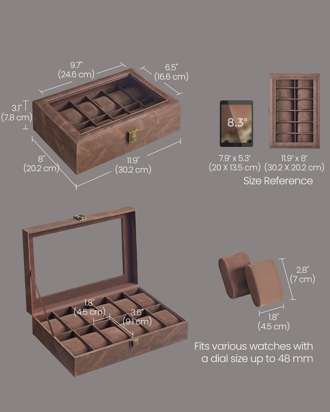 Watch Box - Synthetic Leather - Coffee Brown - 12 Slots with Removable Pillows and Glass Lid