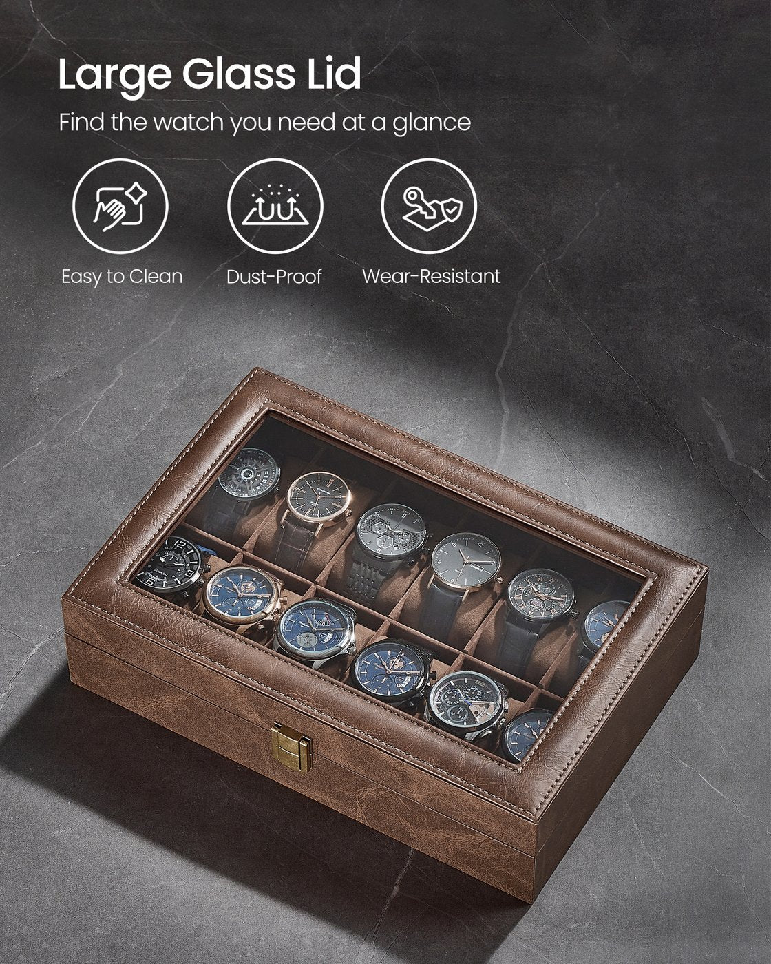 Watch Box - Synthetic Leather - Coffee Brown - 12 Slots with Removable Pillows and Glass Lid