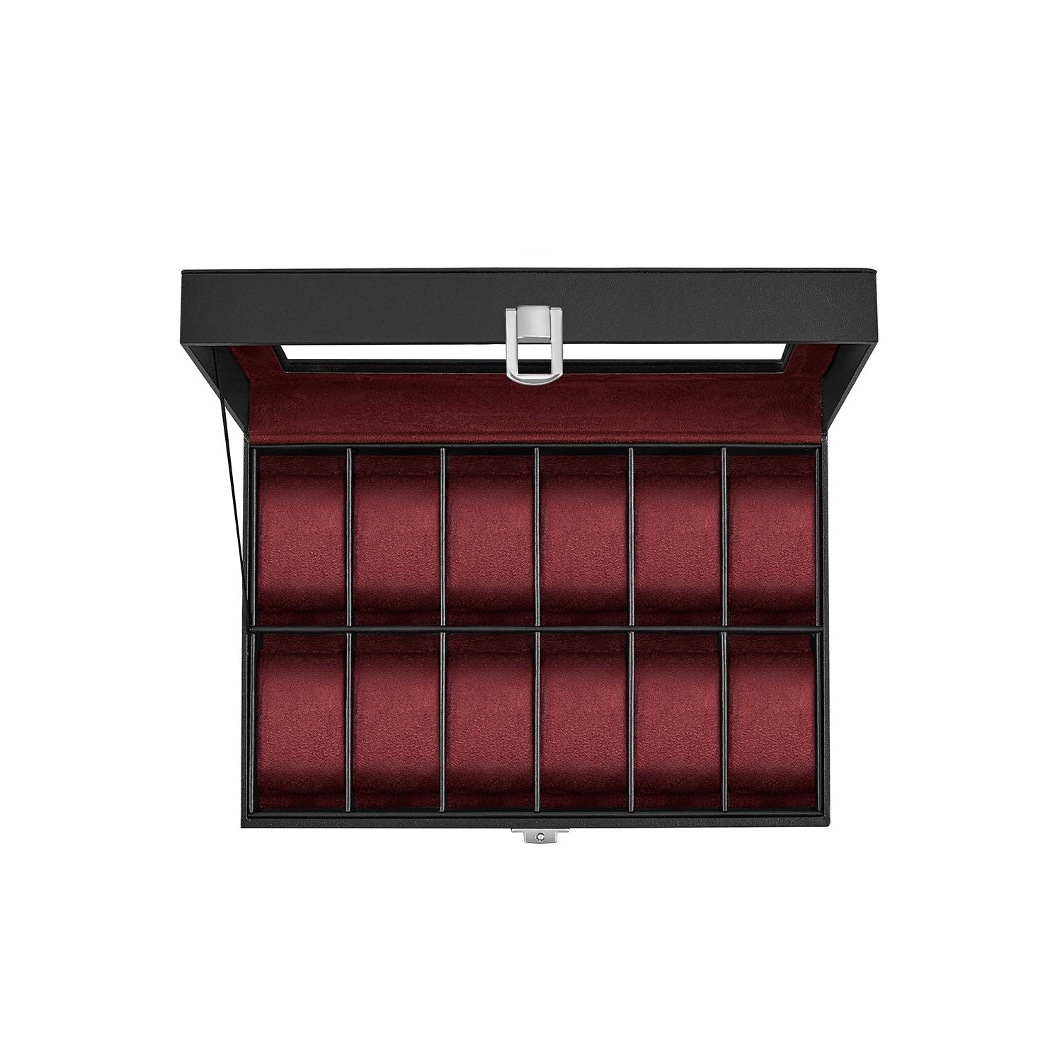 Watch Box - Faux Leather - Black - 12-Slot with Glass Lid and Removable Pillows