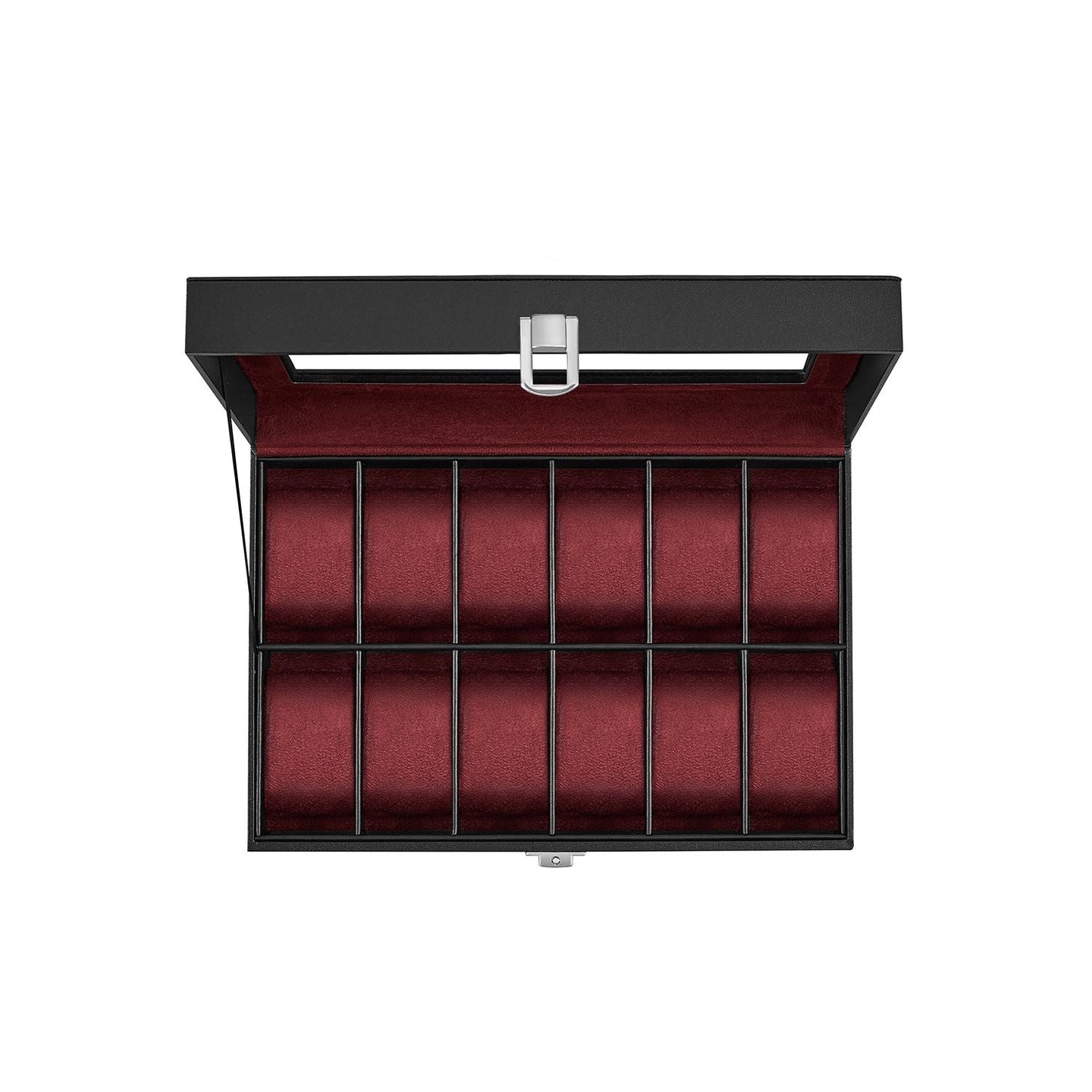 Watch Box - Faux Leather - Black - 12-Slot with Glass Lid and Removable Pillows