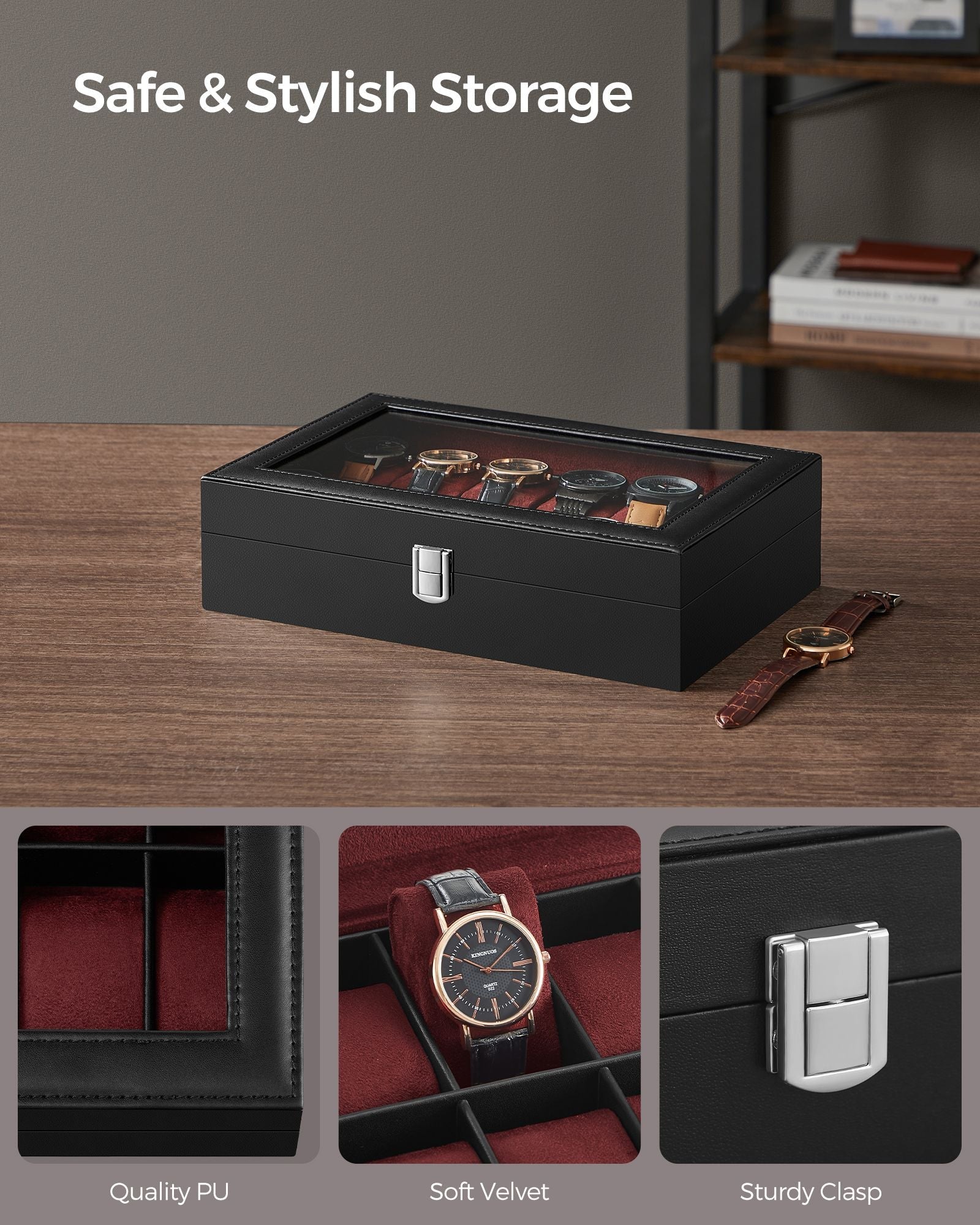 Watch Box - Faux Leather - Black - 12-Slot with Glass Lid and Removable Pillows