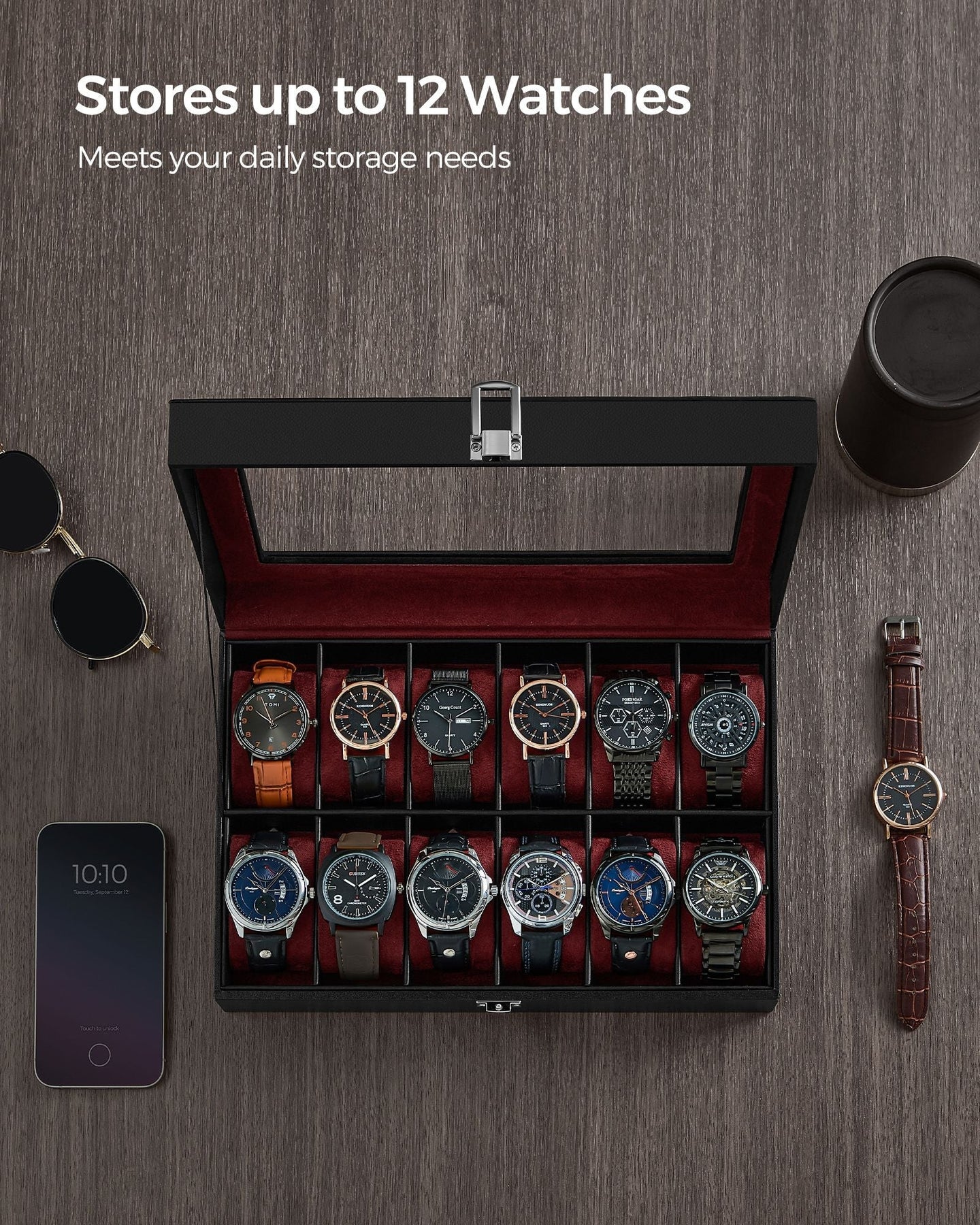 Watch Box - Faux Leather - Black - 12-Slot with Glass Lid and Removable Pillows