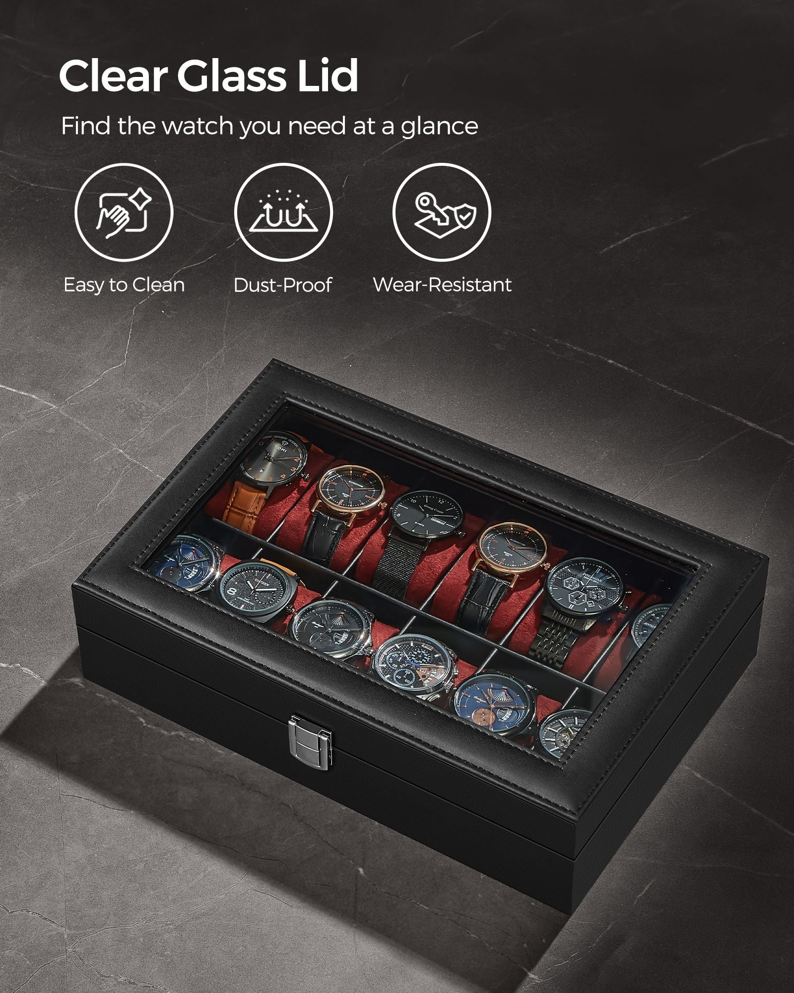 Watch Box - Faux Leather - Black - 12-Slot with Glass Lid and Removable Pillows