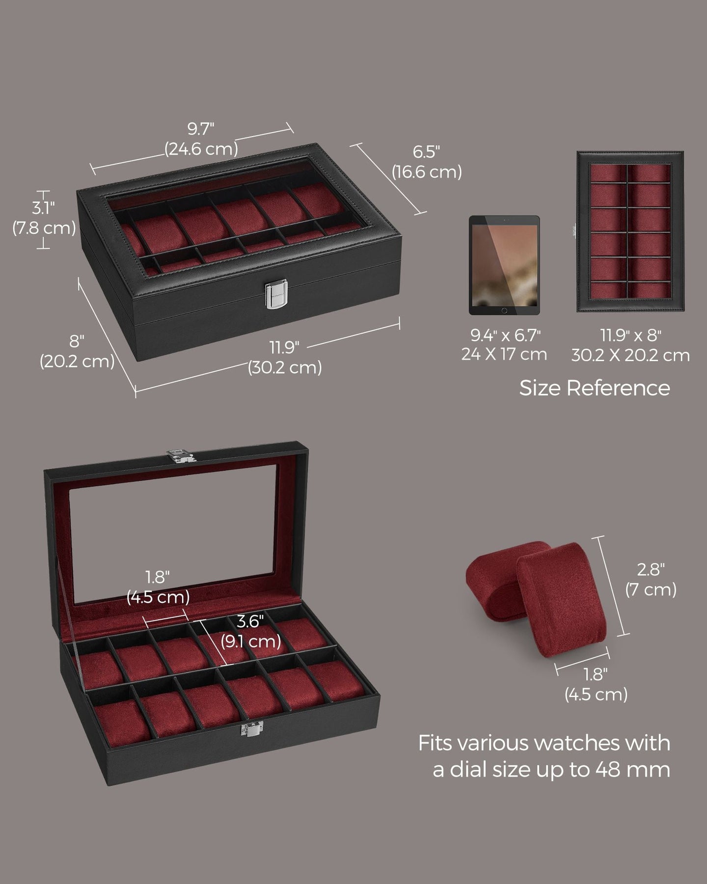 Watch Box - Faux Leather - Black - 12-Slot with Glass Lid and Removable Pillows
