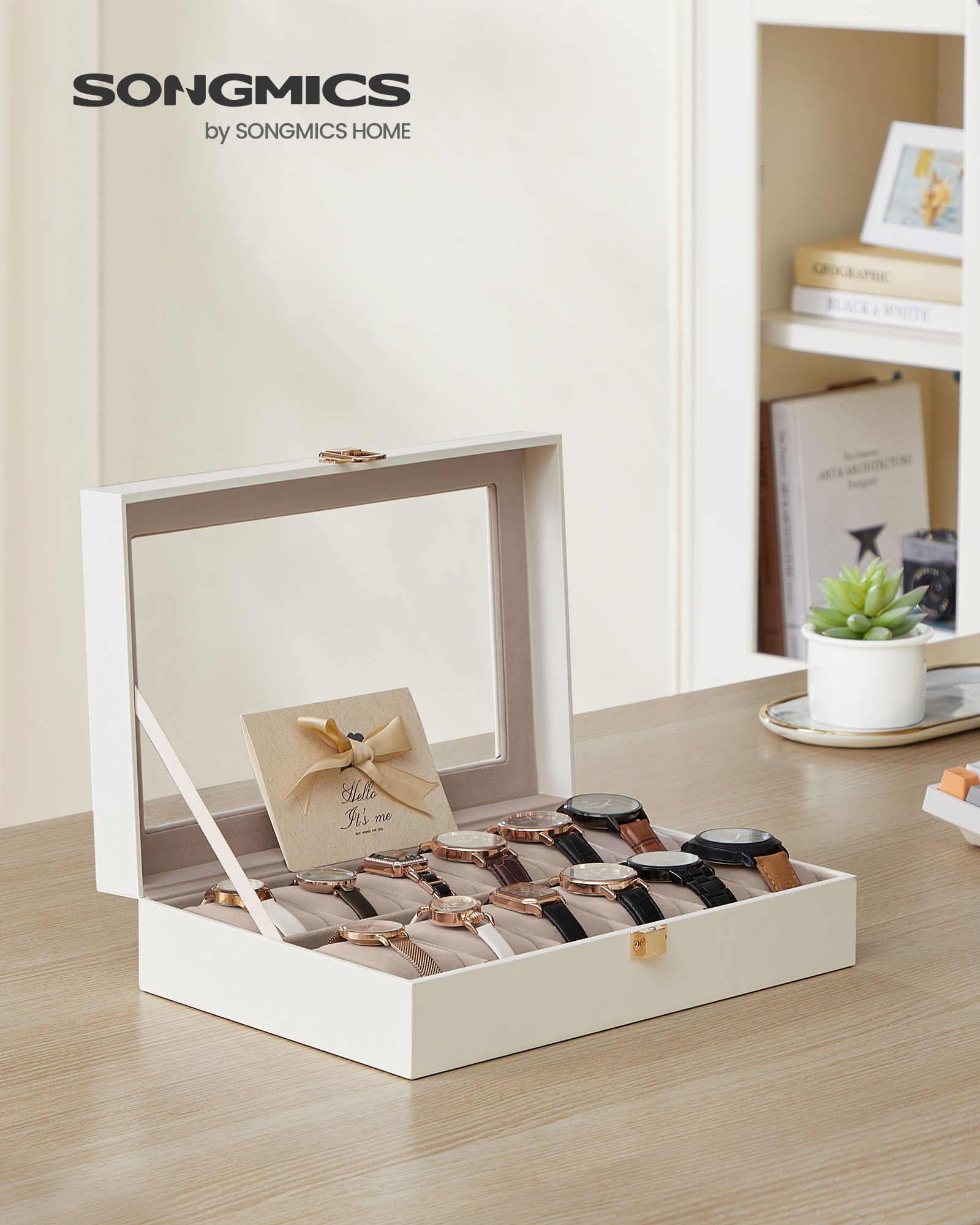 Watch Box - Faux Leather - Black - 12-Slot with Glass Lid and Removable Pillows