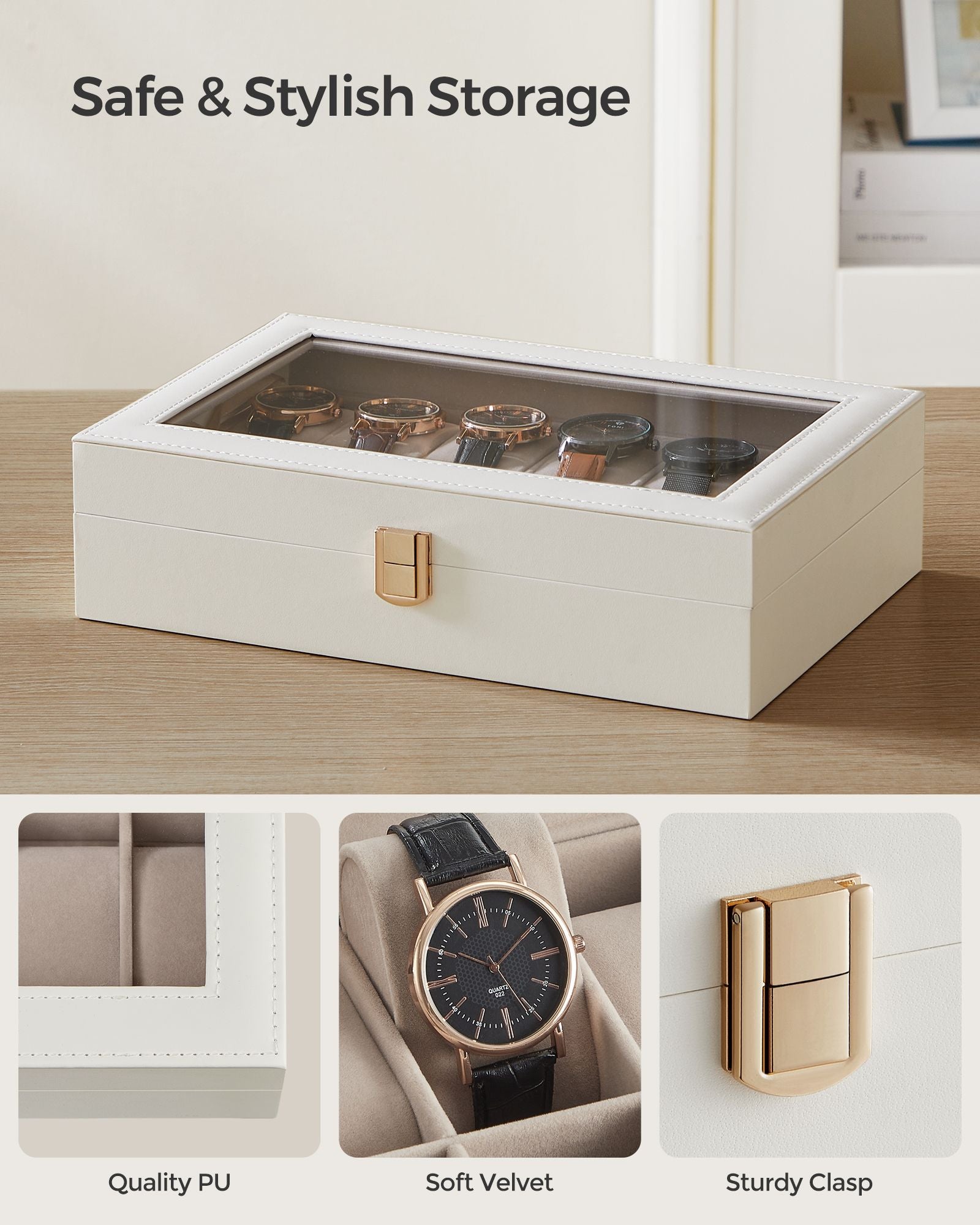 Watch Box - Faux Leather - Black - 12-Slot with Glass Lid and Removable Pillows