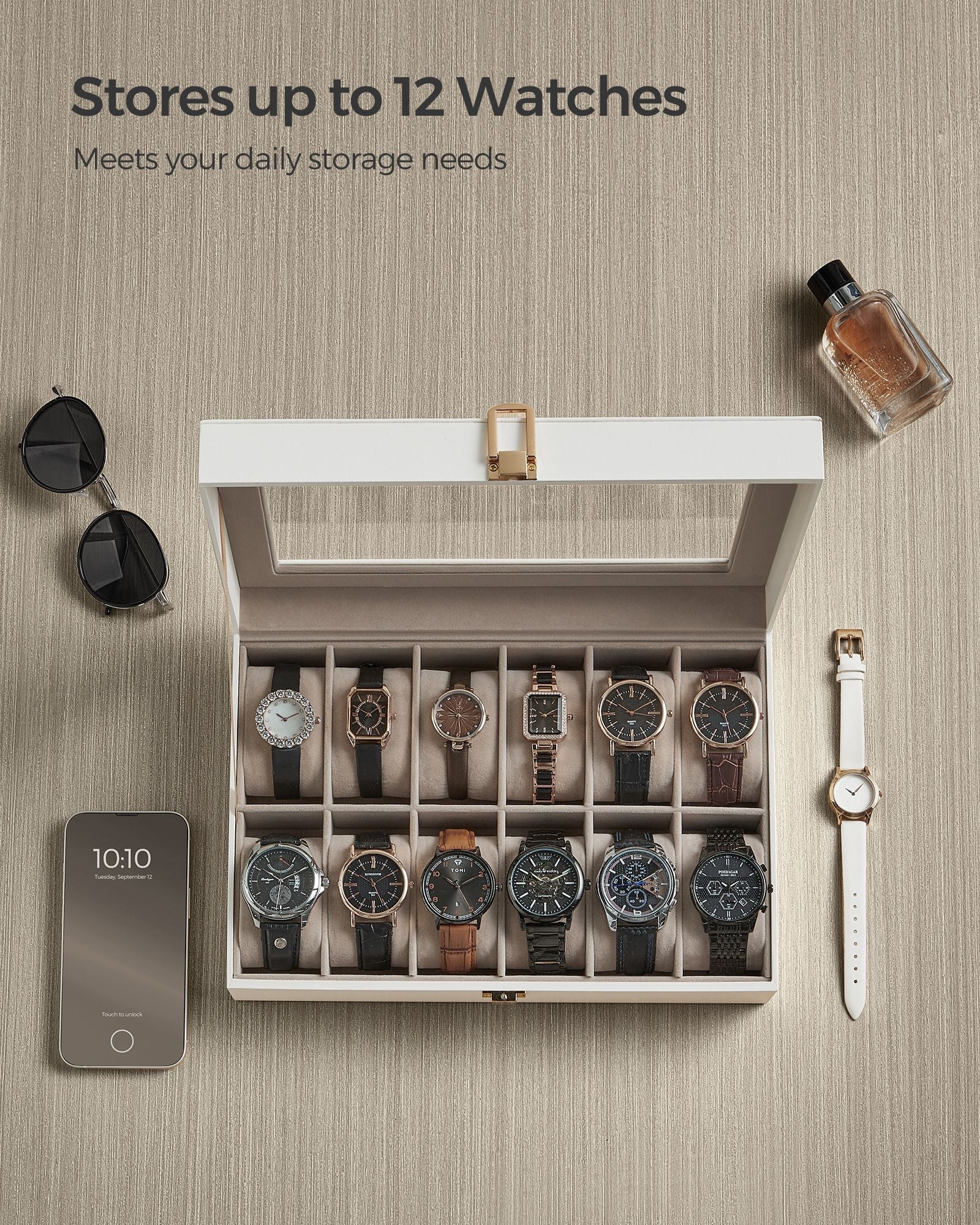 Watch Box - Faux Leather - Black - 12-Slot with Glass Lid and Removable Pillows