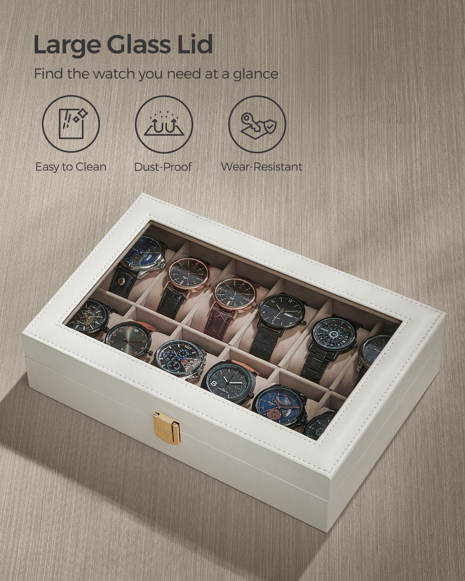 Watch Box - Faux Leather - Black - 12-Slot with Glass Lid and Removable Pillows