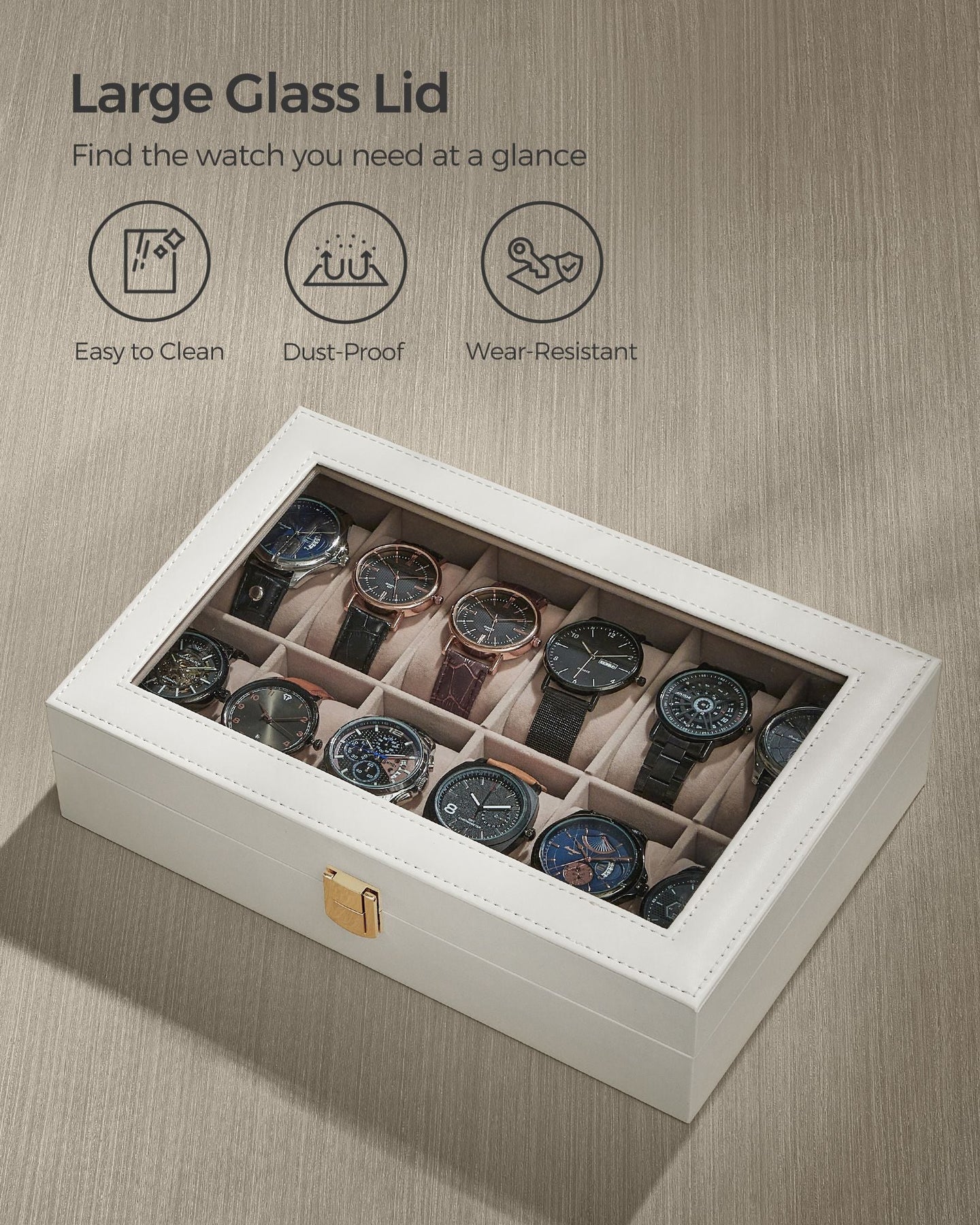 Watch Box - Faux Leather - Black - 12-Slot with Glass Lid and Removable Pillows