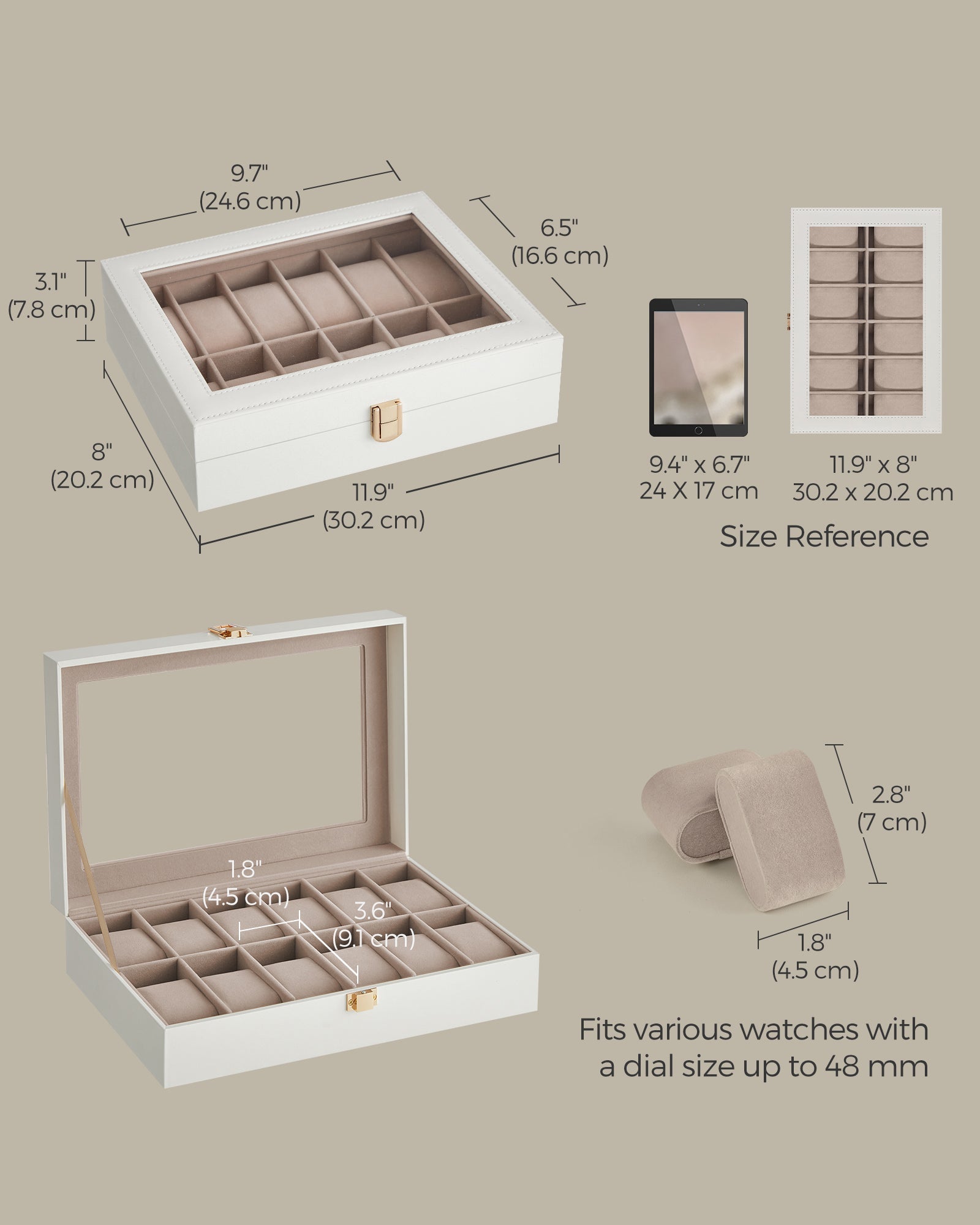 Watch Box - Faux Leather - Black - 12-Slot with Glass Lid and Removable Pillows