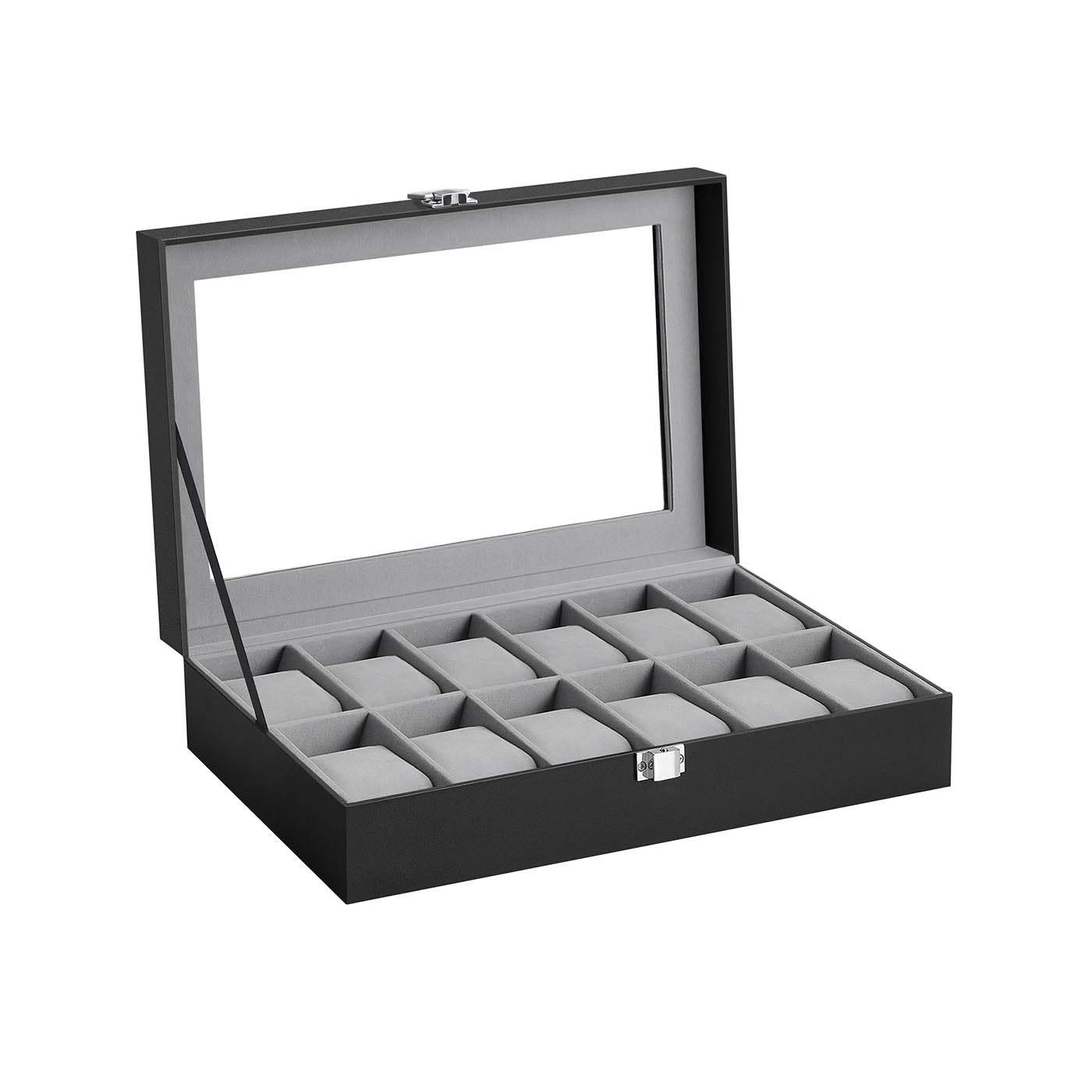 Watch Box - Faux Leather - Black - 12-Slot with Glass Lid and Velvet Lining