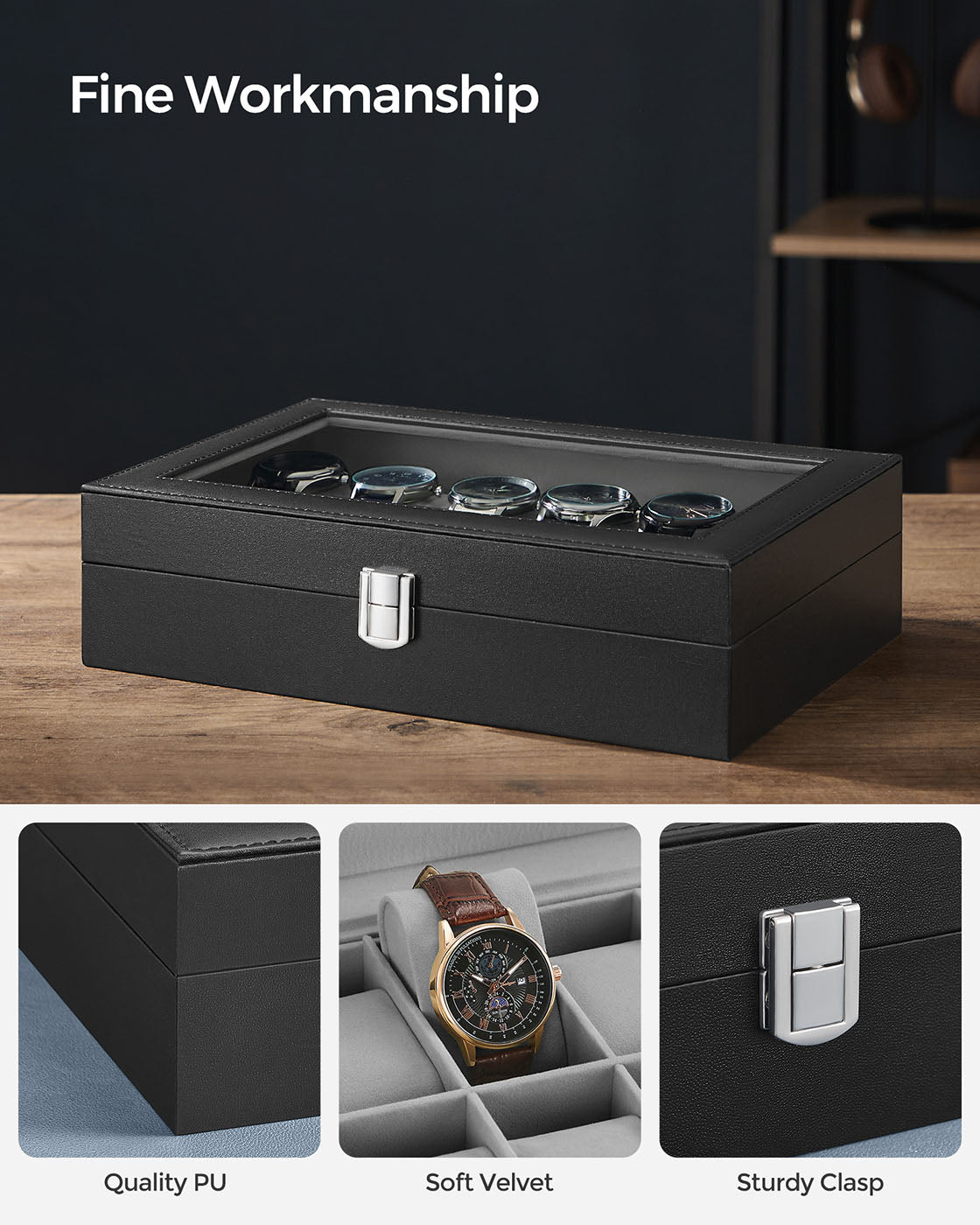 Watch Box - Faux Leather - Black - 12-Slot with Glass Lid and Removable Velvet Pillows
