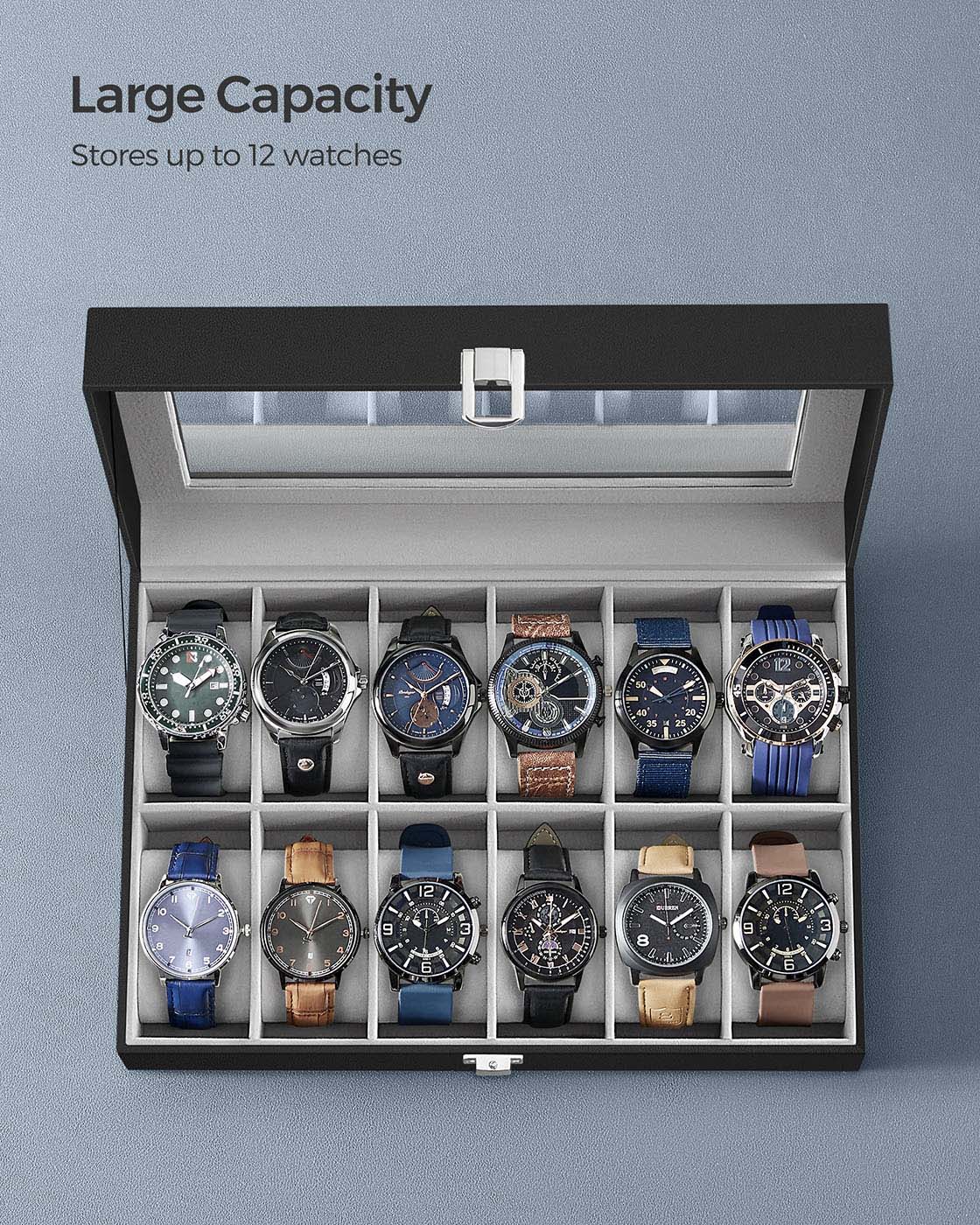 Watch Box - Faux Leather - Black - 12-Slot with Glass Lid and Removable Velvet Pillows