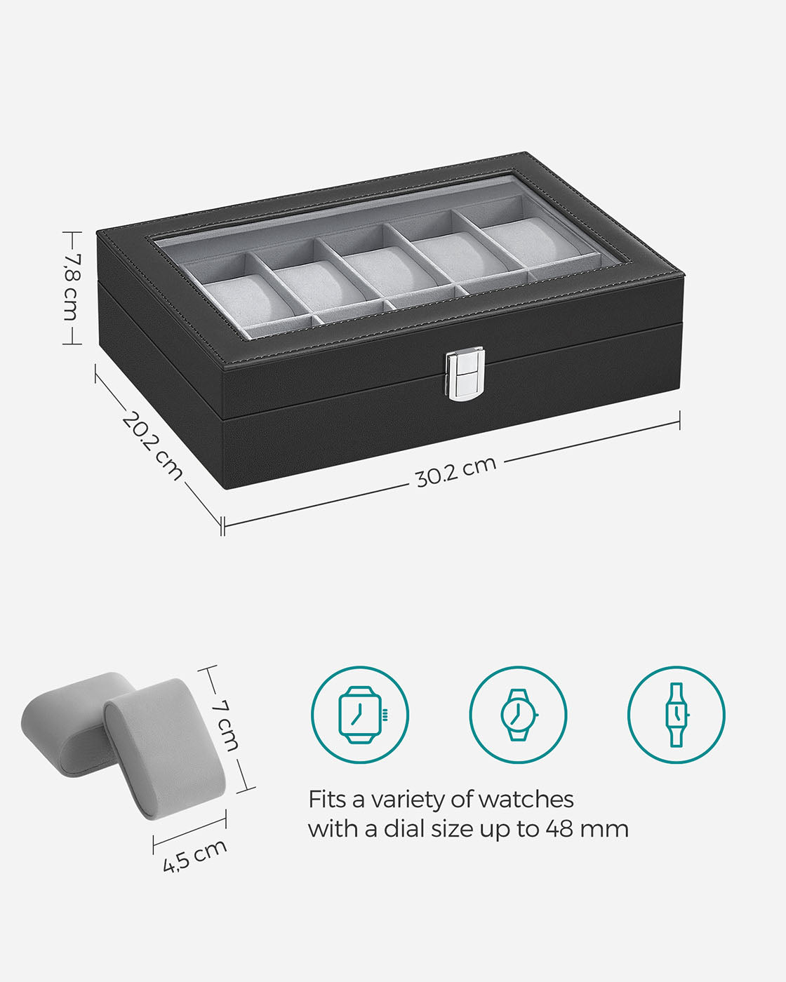 Watch Box - Faux Leather - Black - 12-Slot with Glass Lid and Removable Velvet Pillows