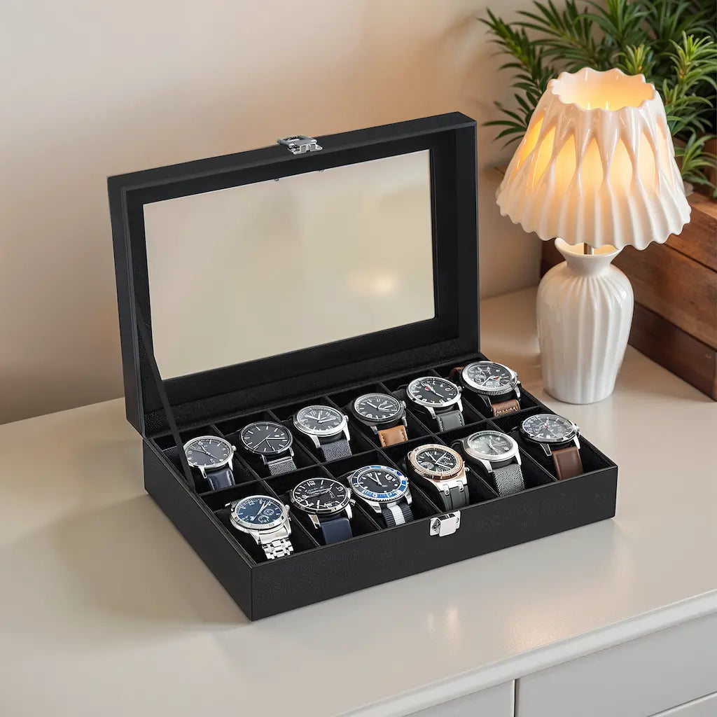 12-Slot Watch Box Organizer - Synthetic Leather - Black with Greenish Grey Lining - Large Glass Lid and Removable Watch Pillows