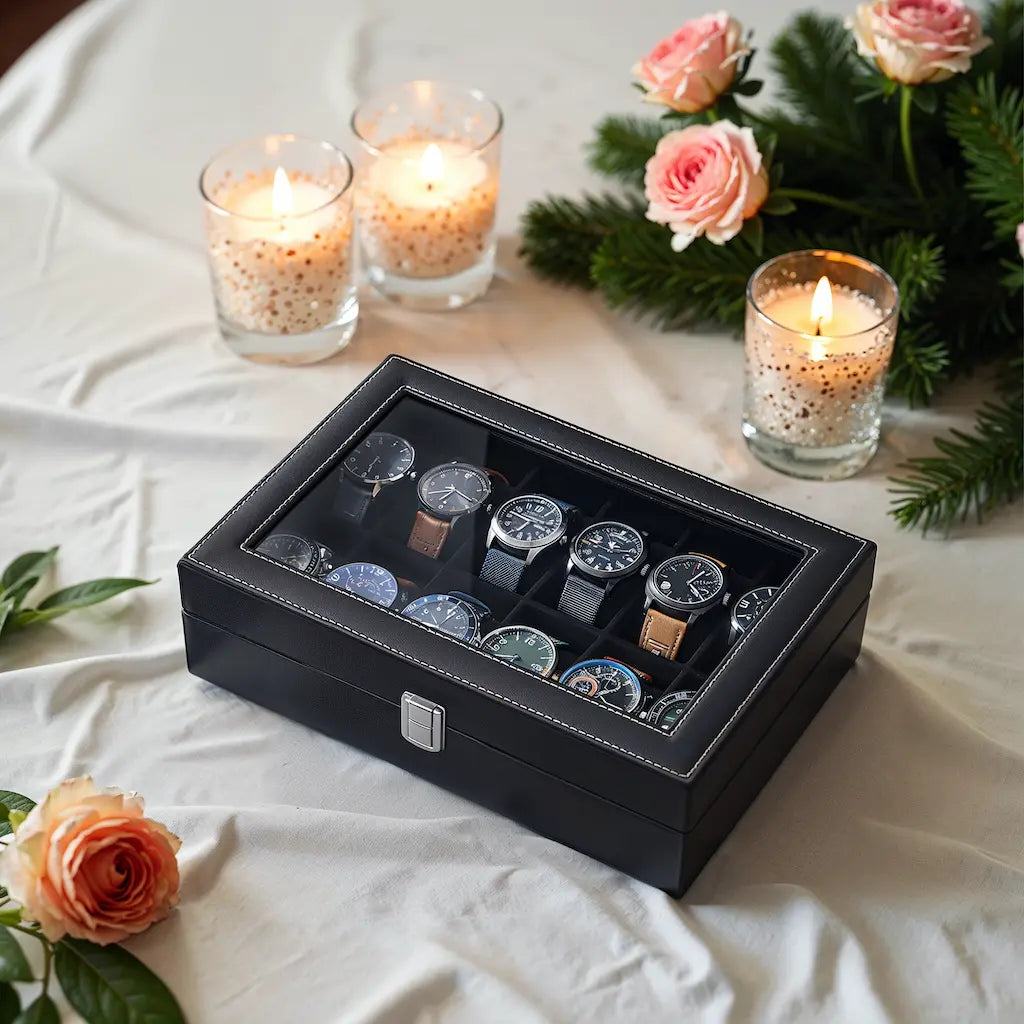 12-Slot Watch Box Organizer - Synthetic Leather - Black with Greenish Grey Lining - Large Glass Lid and Removable Watch Pillows