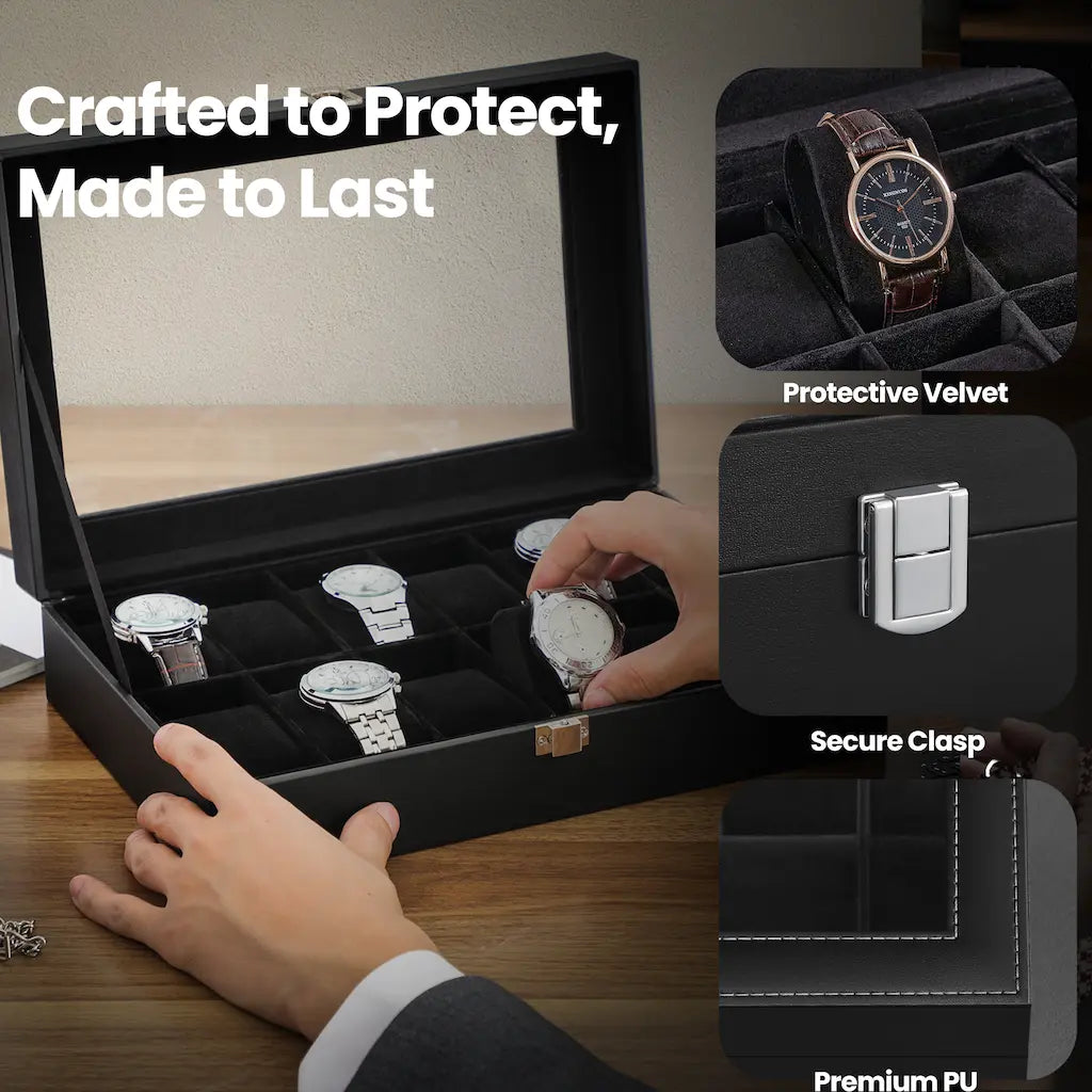12-Slot Watch Box Organizer - Synthetic Leather - Black with Greenish Grey Lining - Large Glass Lid and Removable Watch Pillows