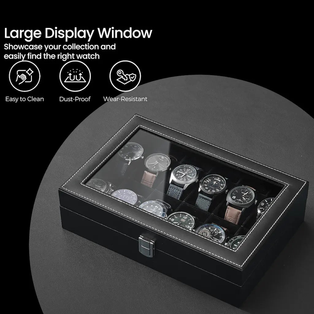 12-Slot Watch Box Organizer - Synthetic Leather - Black with Greenish Grey Lining - Large Glass Lid and Removable Watch Pillows