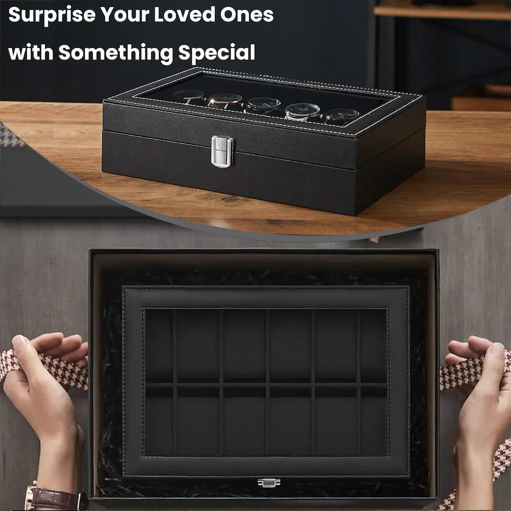 12-Slot Watch Box Organizer - Synthetic Leather - Black with Greenish Grey Lining - Large Glass Lid and Removable Watch Pillows