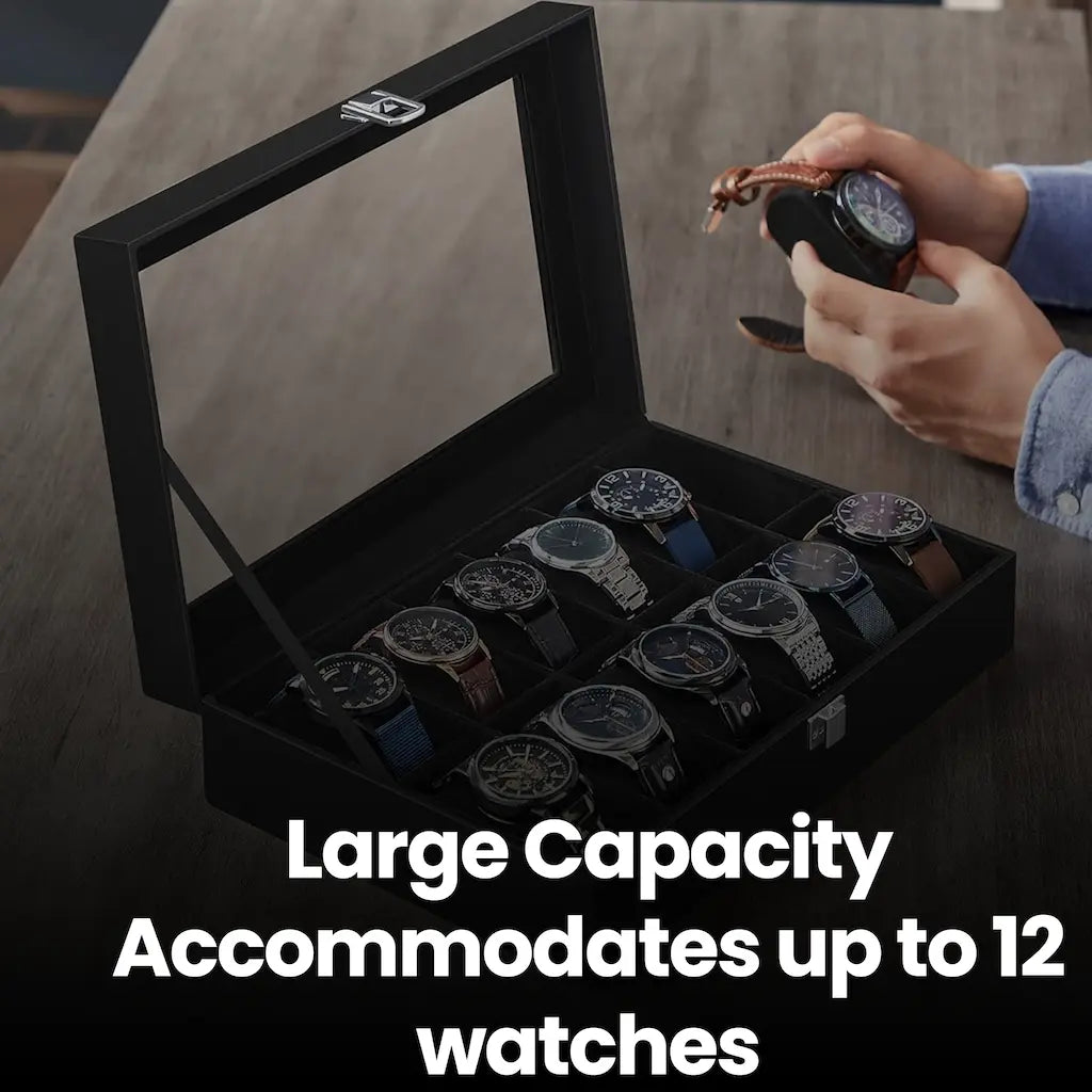 12-Slot Watch Box Organizer - Synthetic Leather - Black with Greenish Grey Lining - Large Glass Lid and Removable Watch Pillows