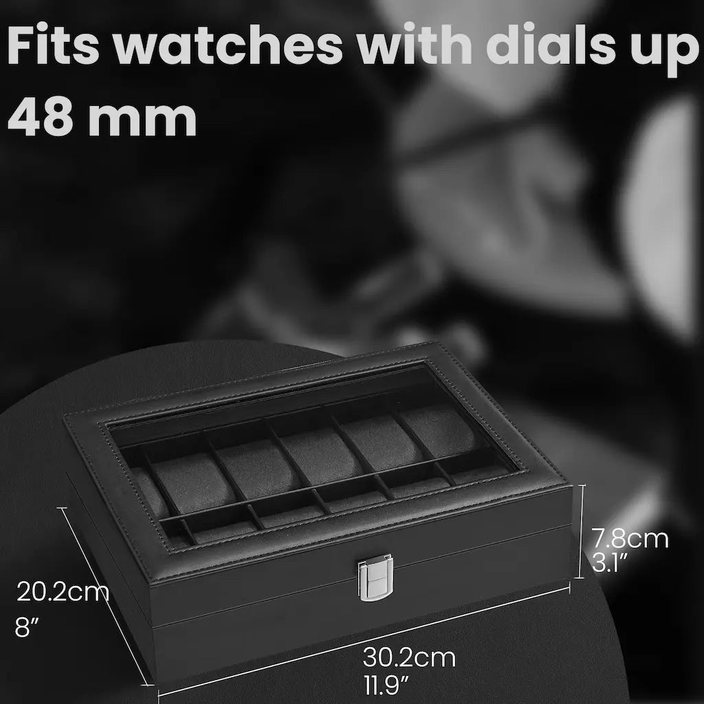 12-Slot Watch Box Organizer - Synthetic Leather - Black with Greenish Grey Lining - Large Glass Lid and Removable Watch Pillows