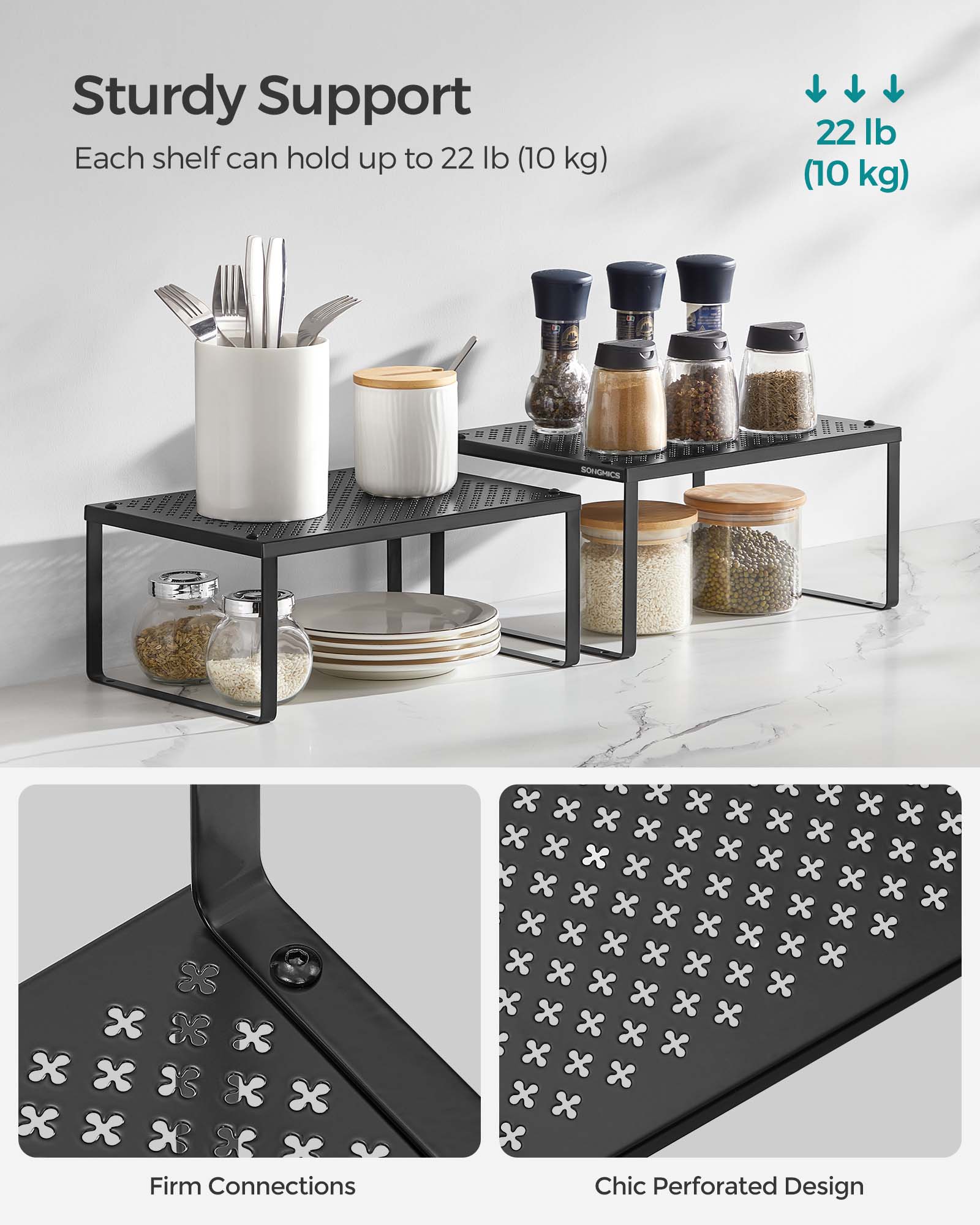 Set of 2 Stackable and Expandable Spice Racks - Metal - Ink Black - Cupboard Organisers
