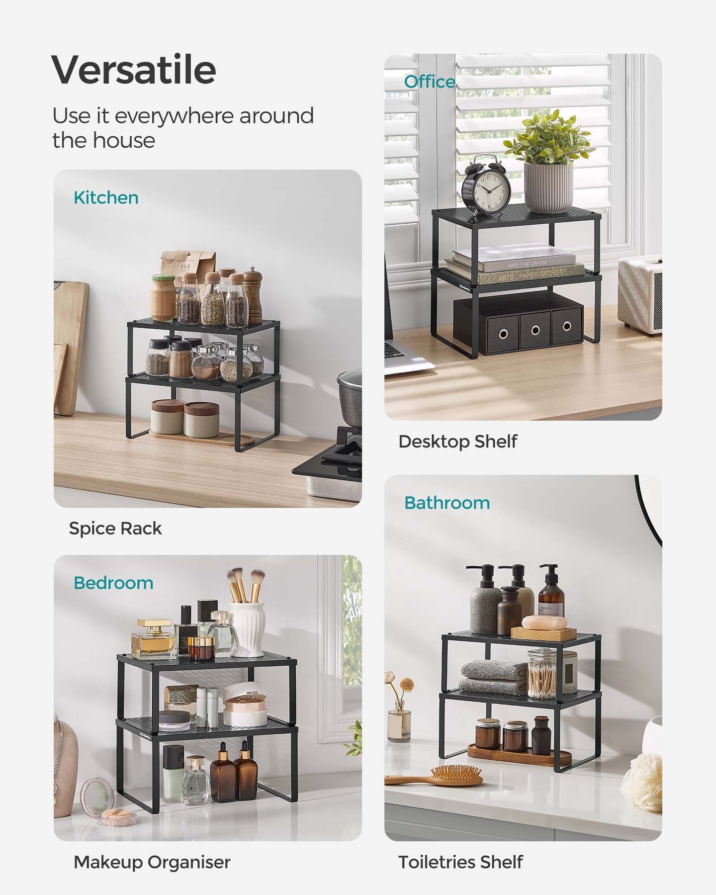 Set of 2 Stackable and Expandable Spice Racks - Metal - Ink Black - Cupboard Organisers