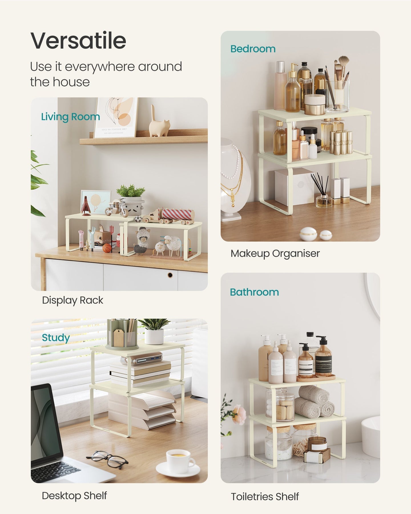 Set of 2 Stackable Spice Racks - Metal - Cream White - Expandable Design