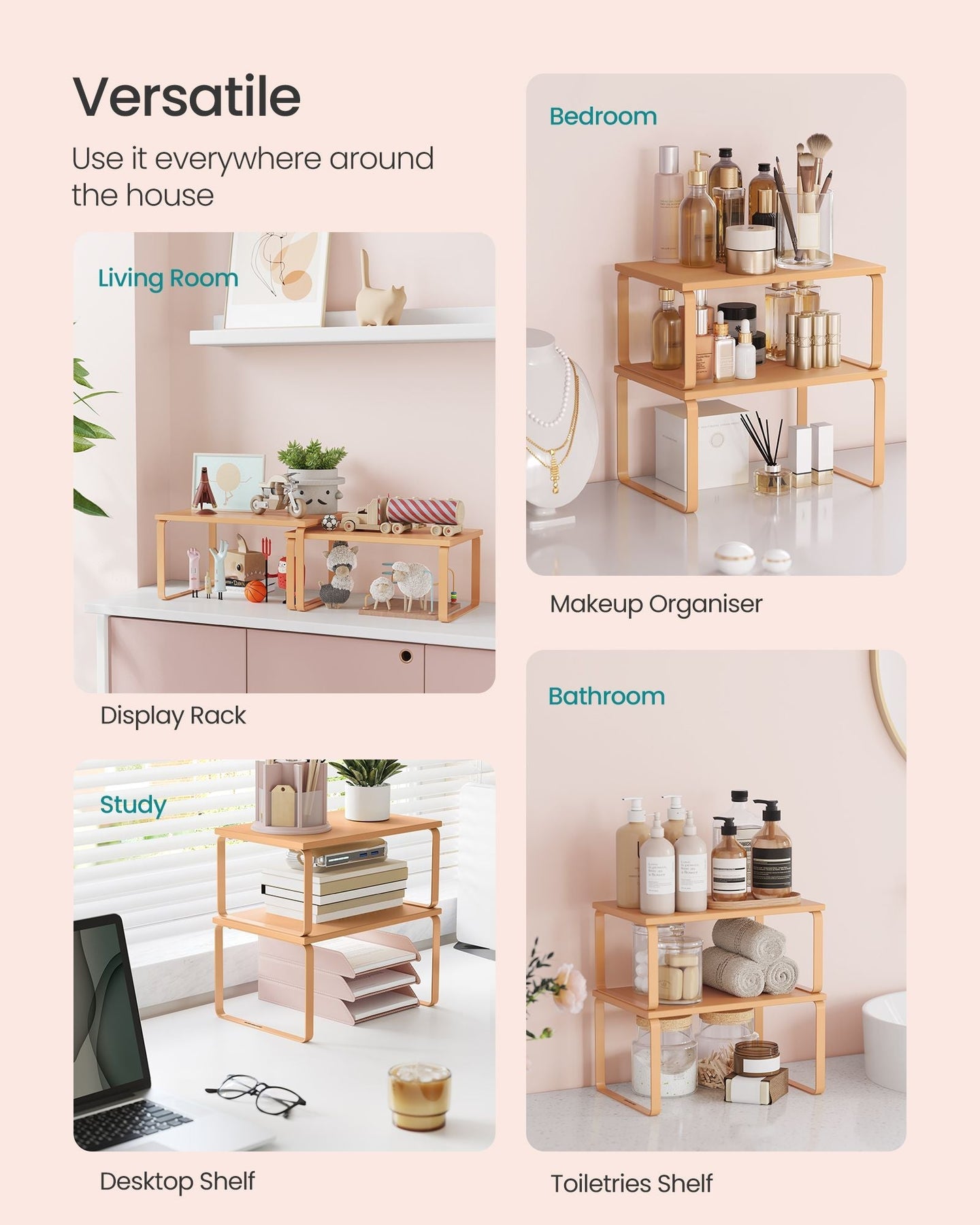 Set of 2 Stackable Expandable Spice Racks - Metal - Apricot Orange - Cupboard Shelf Organisers