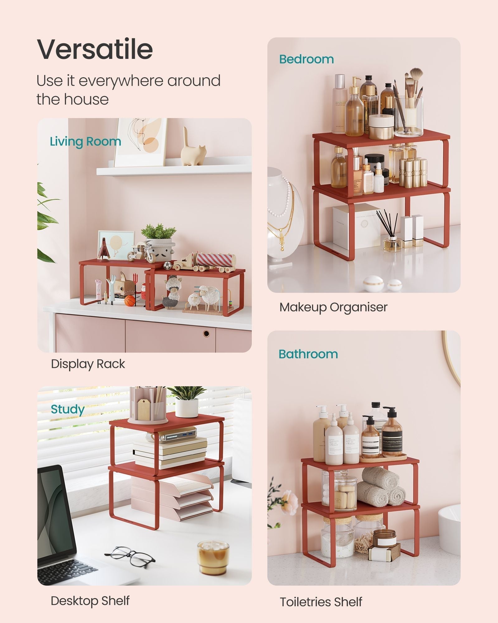 Set of 2 Expandable Kitchen Spice Racks - Metal - Mandarin Red - Stackable Design
