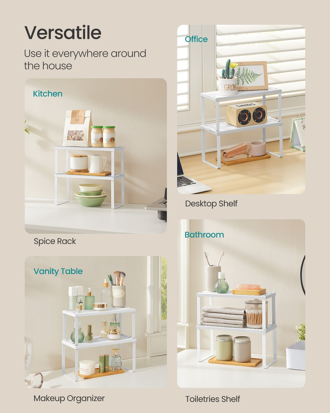 Kitchen Spice Rack, Set of 2, Stackable Metal - Metal - White