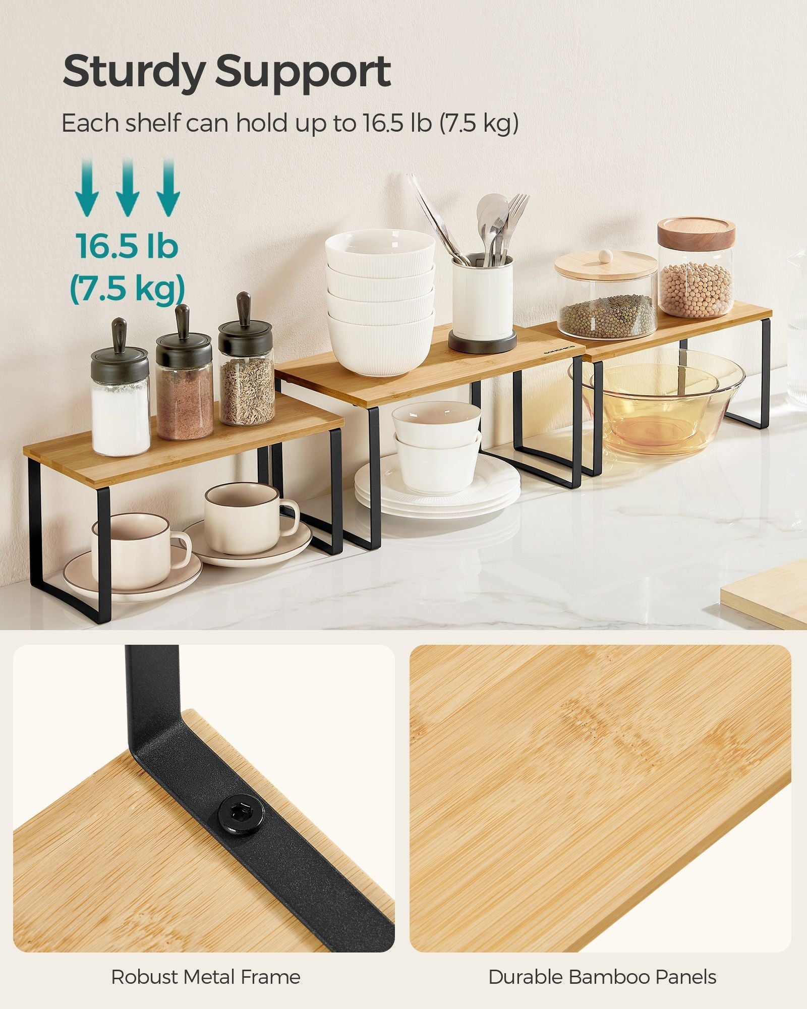 Set of 3 Cupboard Organisers - Metal - Ink Black - Stackable and Expandable