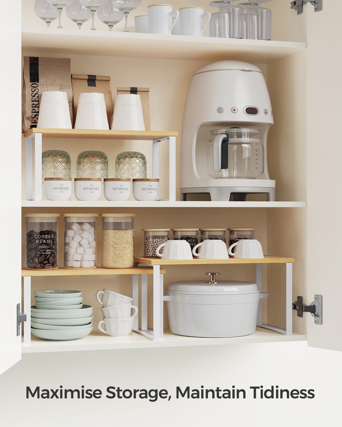 Set of 3 Cupboard Organisers - Metal - Cloud White - Stackable and Expandable Spice Racks
