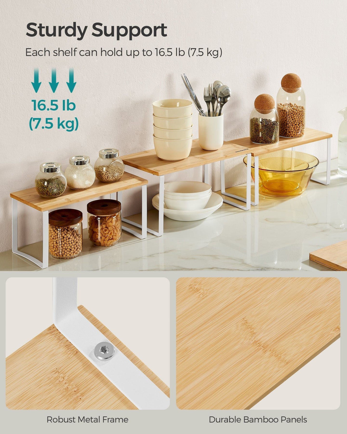 Set of 3 Cupboard Organisers - Metal - Cloud White - Stackable and Expandable Spice Racks