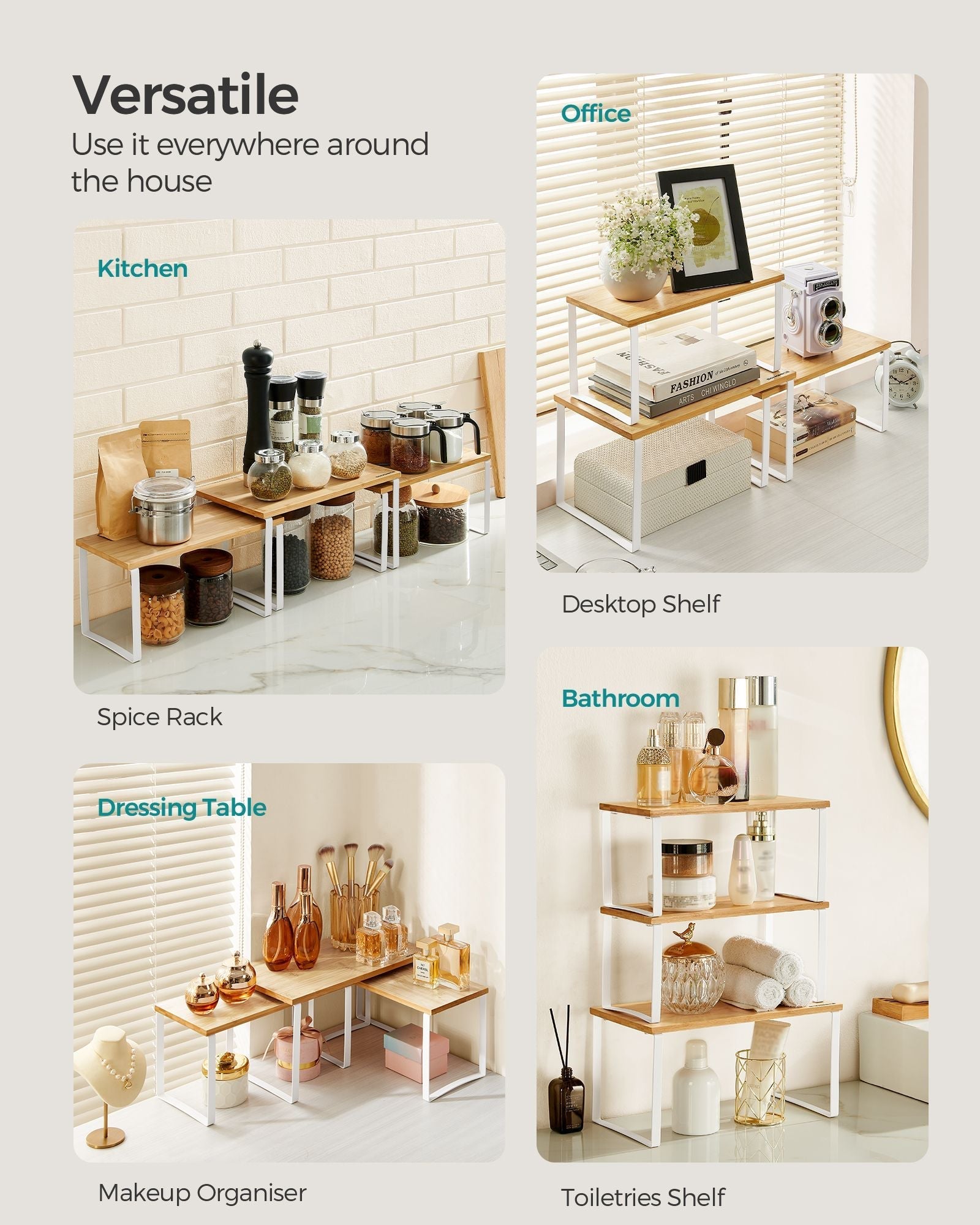 Set of 3 Cupboard Organisers - Metal - Cloud White - Stackable and Expandable Spice Racks