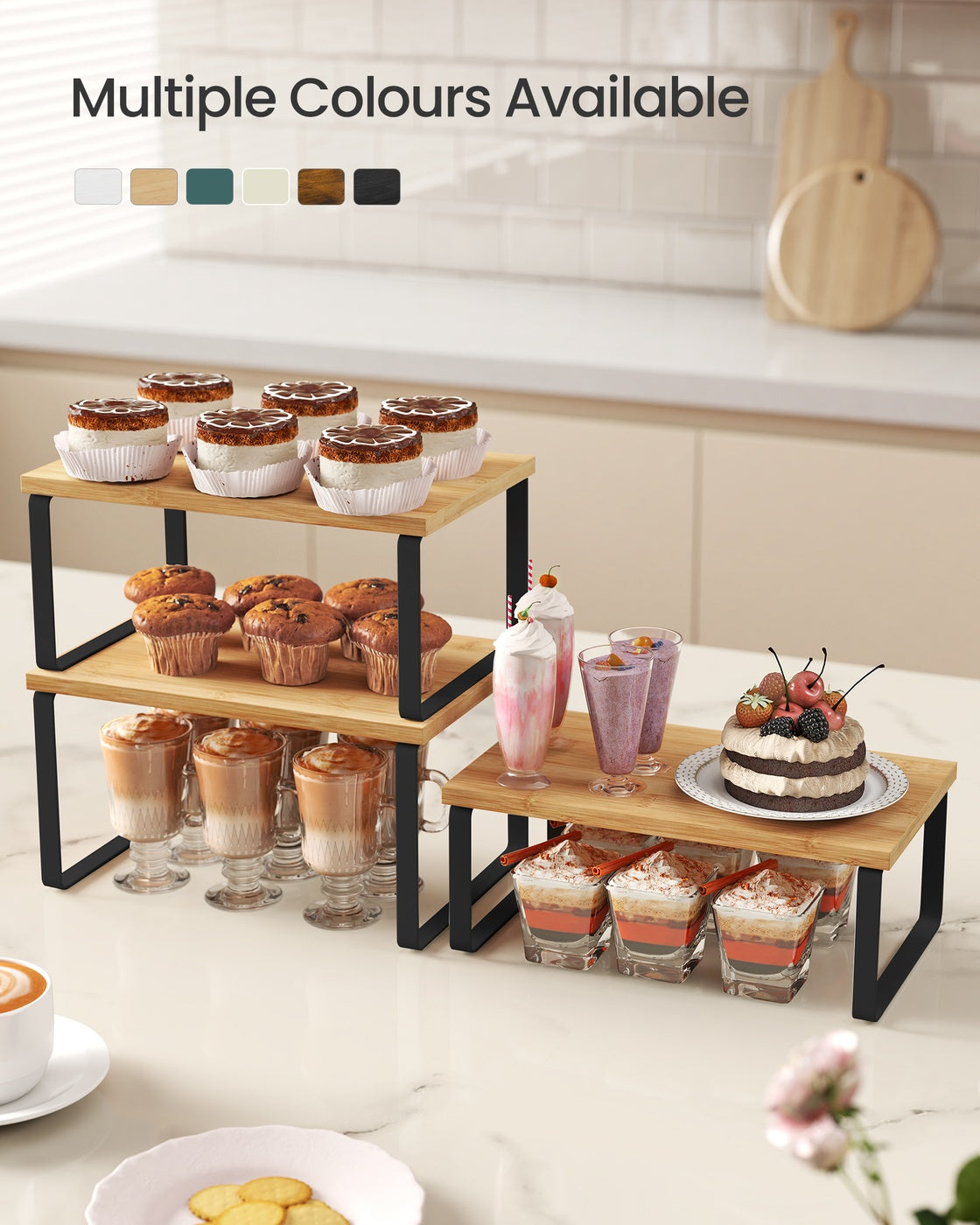 Kitchen Cupboard Organisers - Metal - Ink Black - Set of 3 Stackable and Expandable Shelves