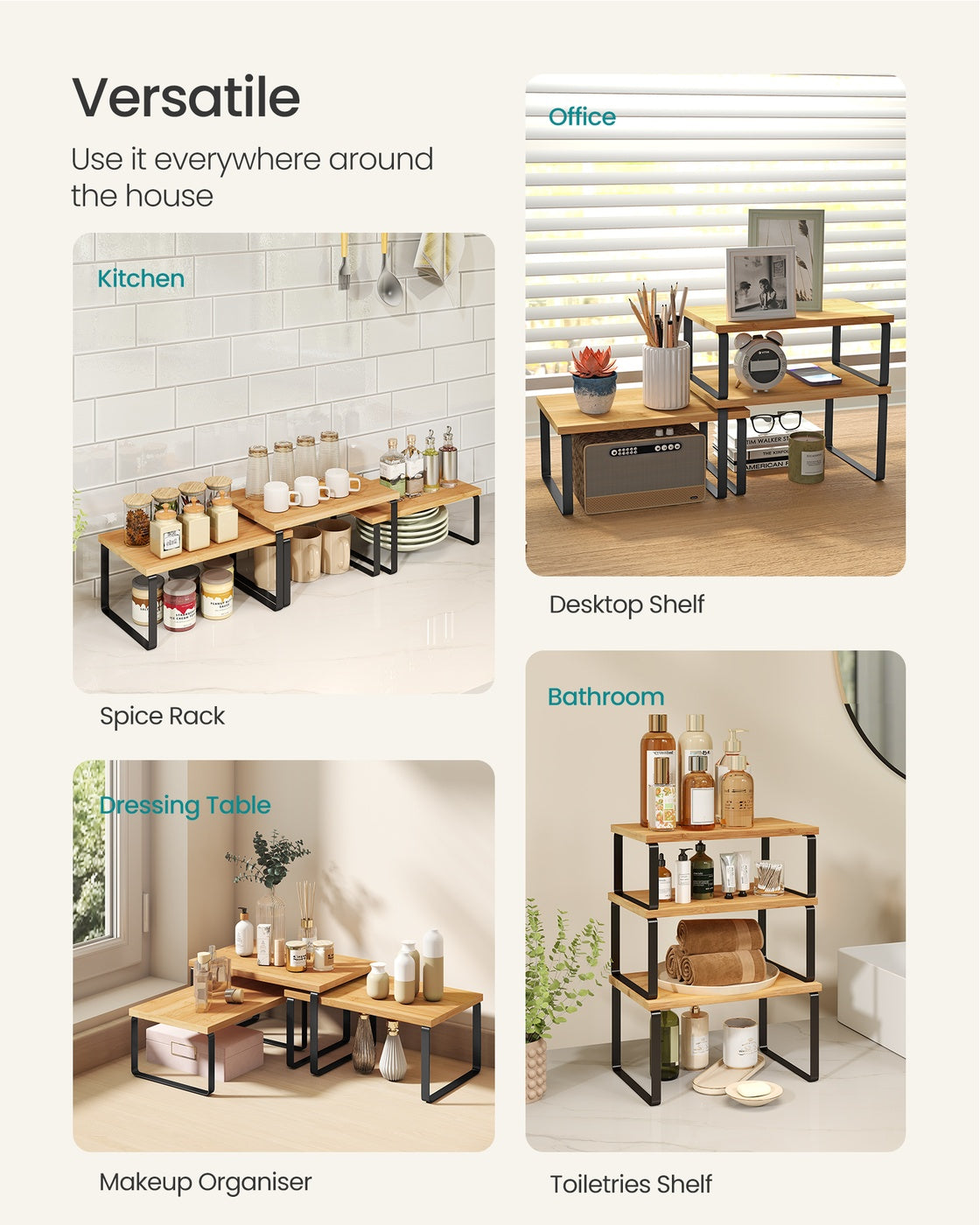 Kitchen Cupboard Organisers - Metal - Ink Black - Set of 3 Stackable and Expandable Shelves