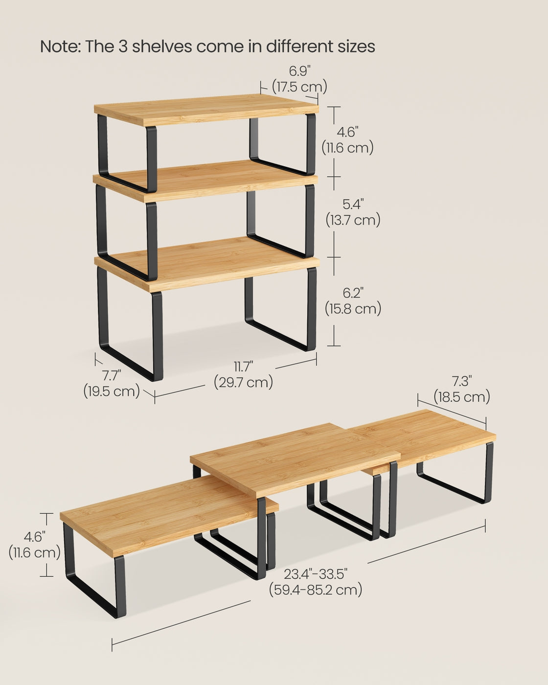Kitchen Cupboard Organisers - Metal - Ink Black - Set of 3 Stackable and Expandable Shelves