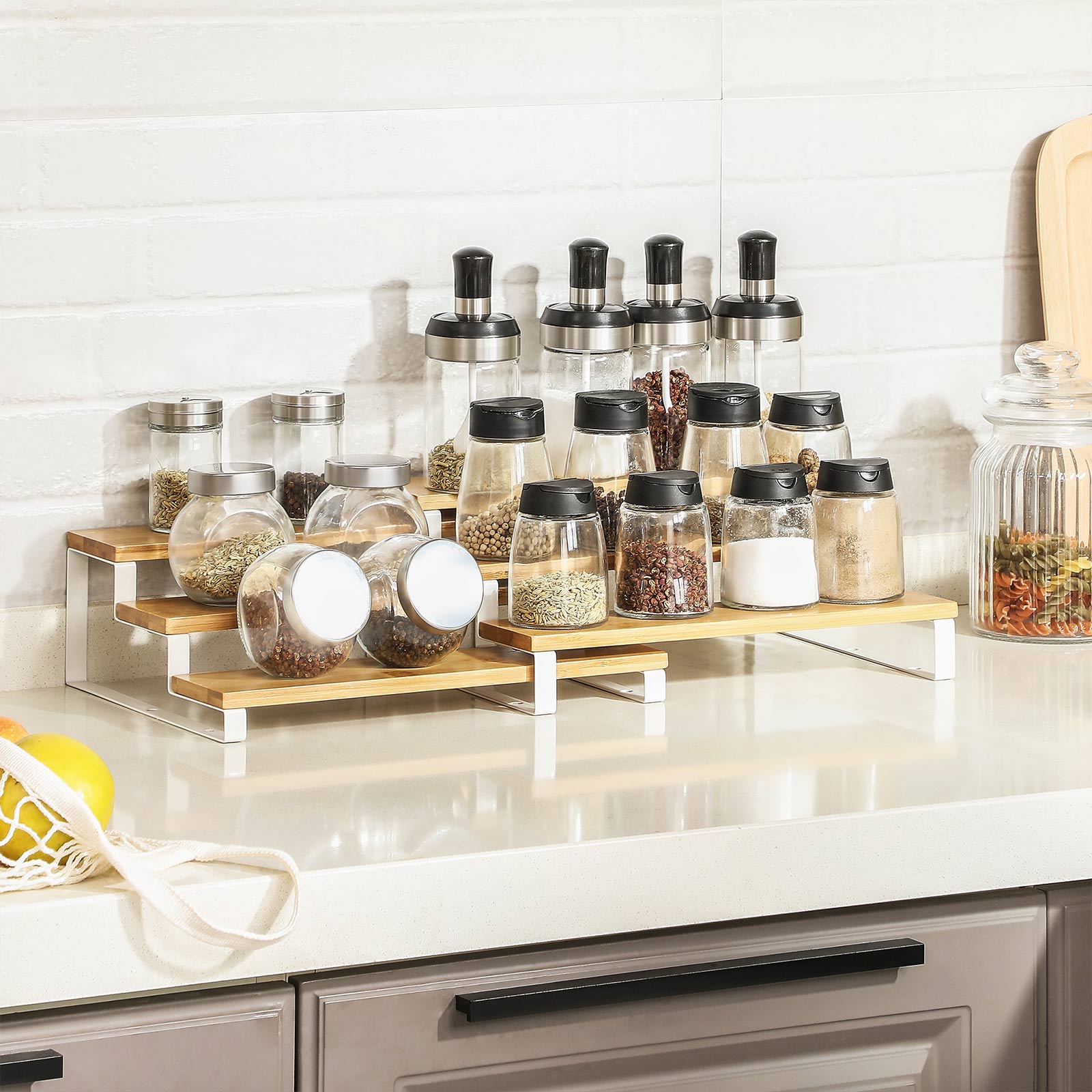 Spice Rack - Bamboo - Natural and White - 3-Tier Extendable Stackable Design