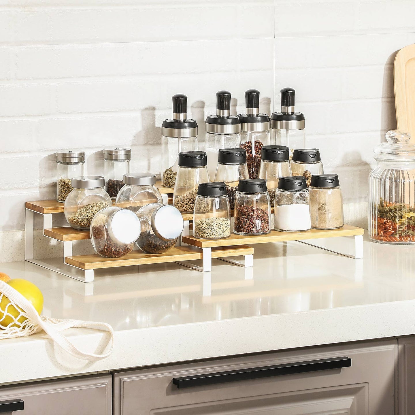 Spice Rack - Bamboo - Natural and White - 3-Tier Extendable Stackable Design
