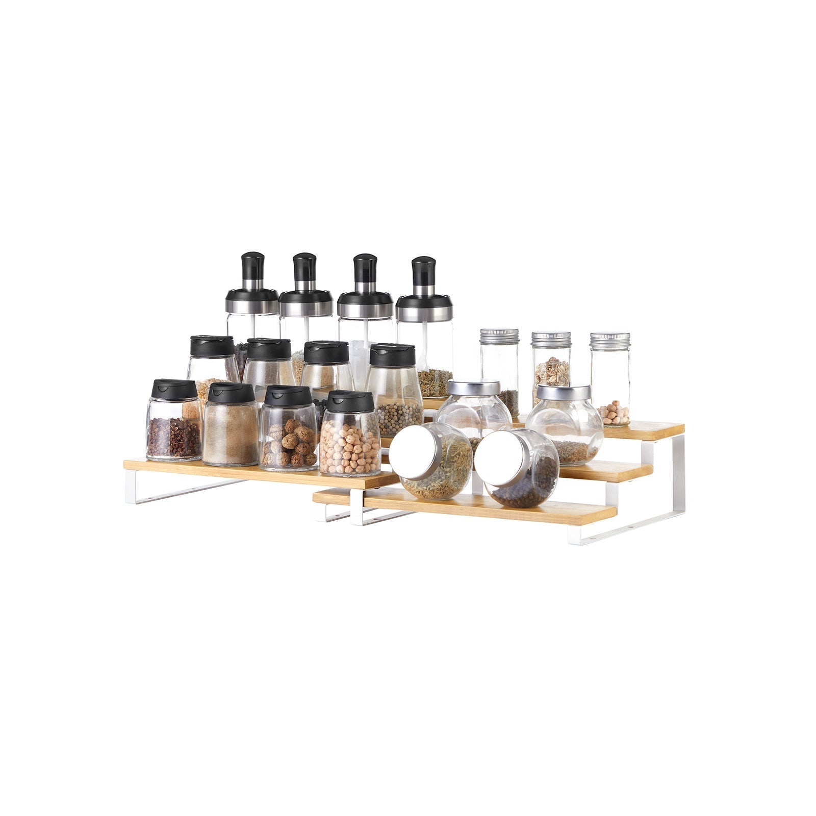 Spice Rack - Bamboo - Natural and White - 3-Tier Extendable Stackable Design