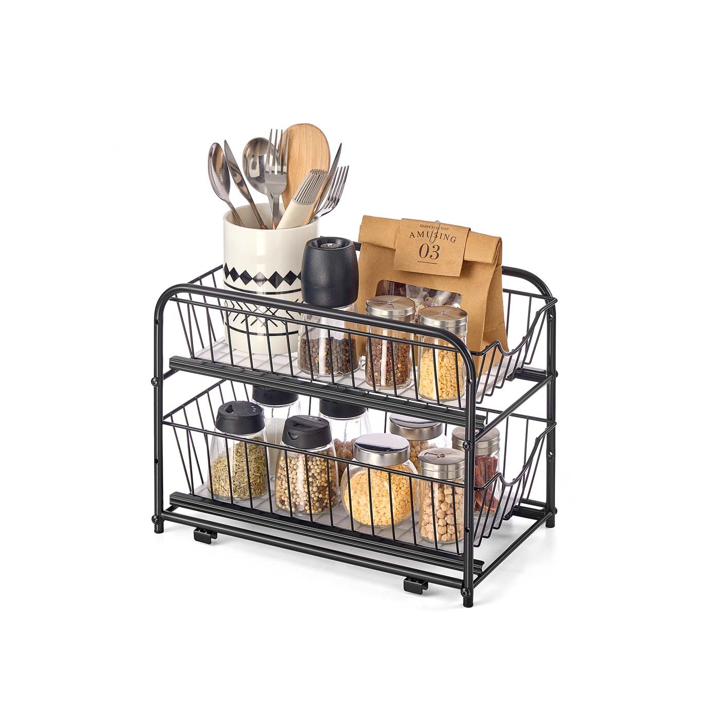 2-Tier Under Sink Storage Organiser - Metal - Classic Black - Sliding Basket Drawers