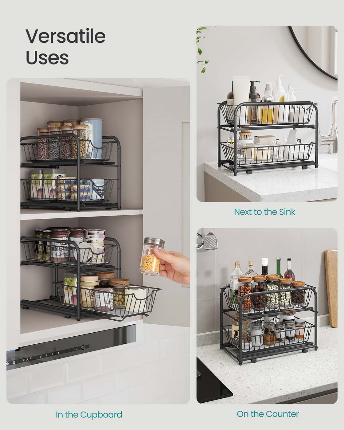 2-Tier Under Sink Storage Organiser - Metal - Classic Black - Sliding Basket Drawers