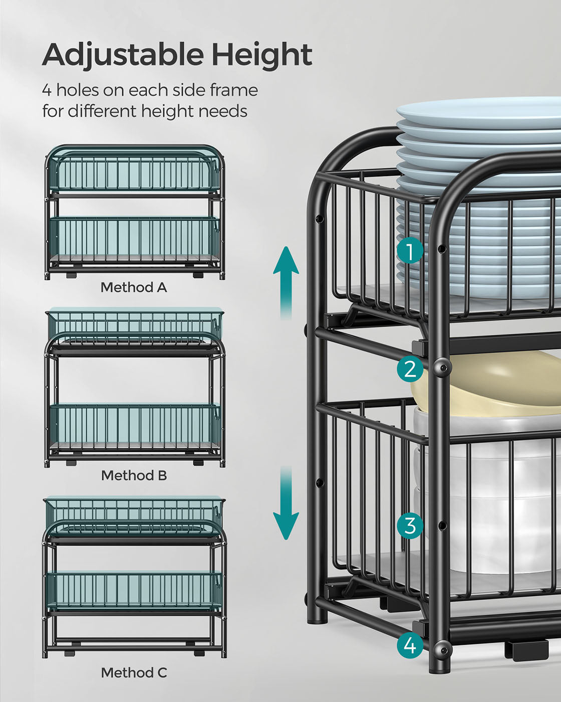 Set of 2 Sliding Basket Organizers - Metal - Classic Black - Stackable 2-Tier Under-Sink Storage for Kitchen & Bathroom