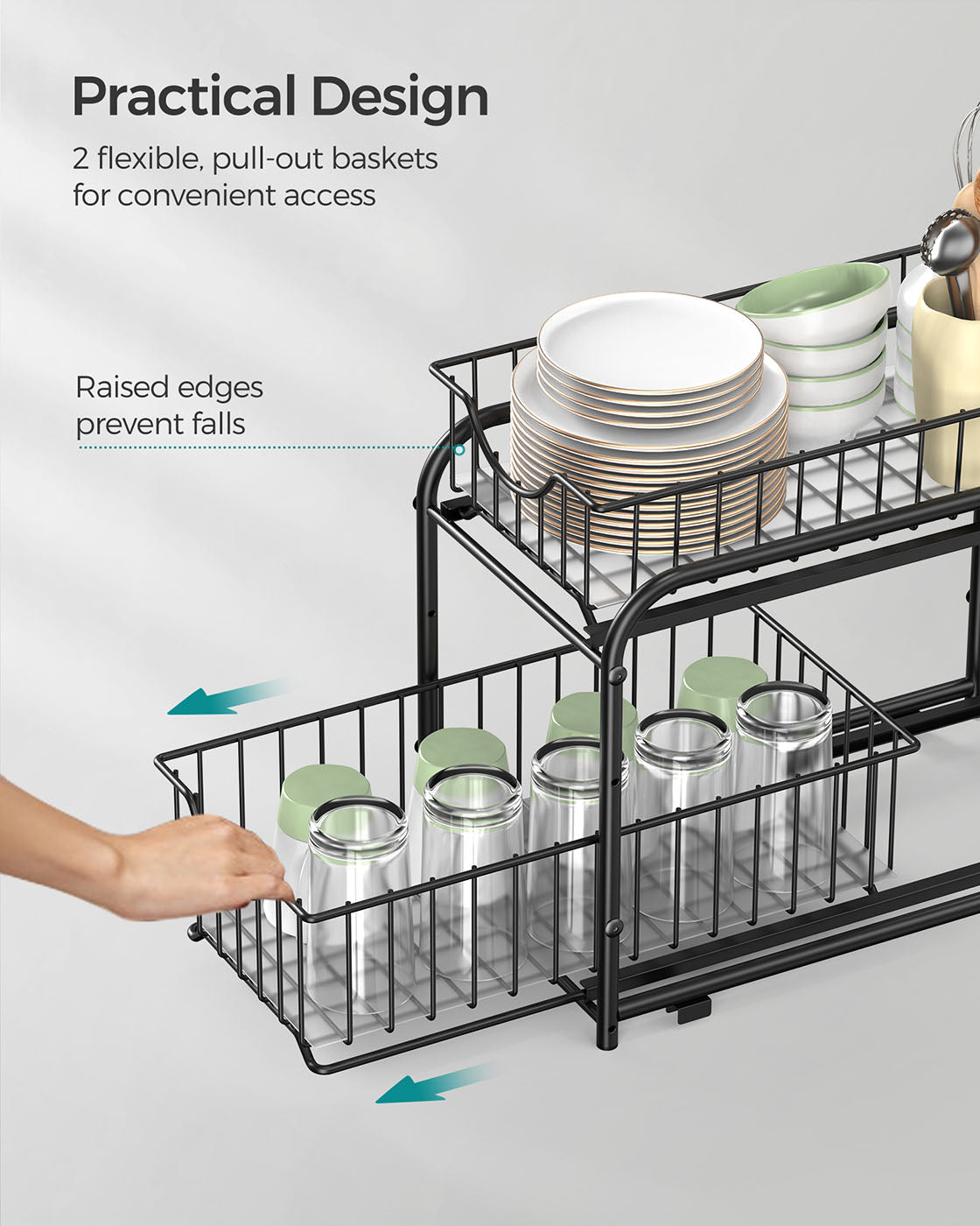 Set of 2 Sliding Basket Organizers - Metal - Classic Black - Stackable 2-Tier Under-Sink Storage for Kitchen & Bathroom