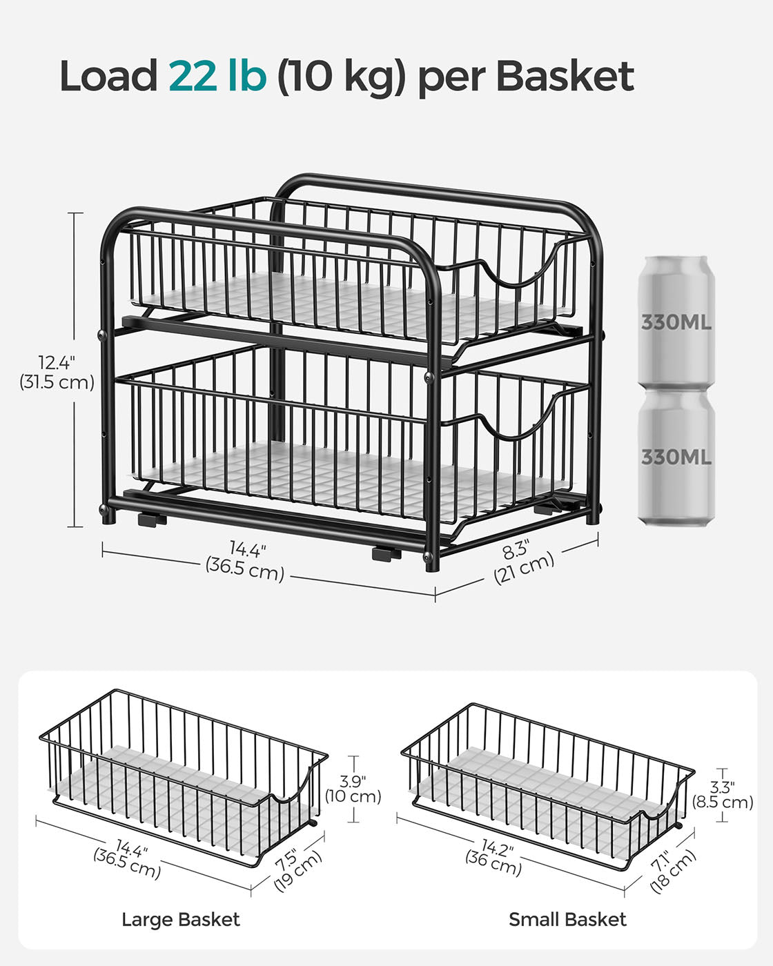 Set of 2 Sliding Basket Organizers - Metal - Classic Black - Stackable 2-Tier Under-Sink Storage for Kitchen & Bathroom
